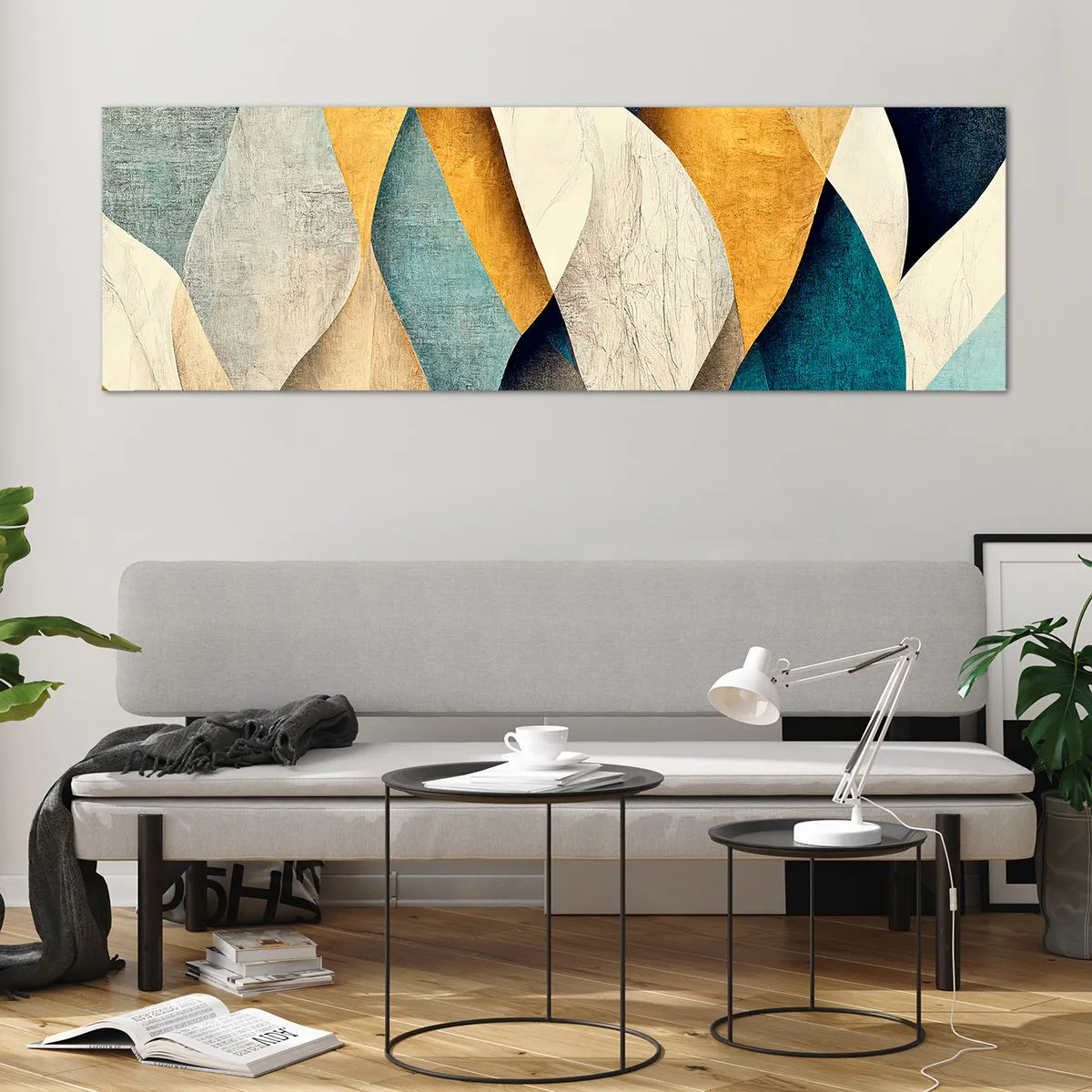 Obraz na szkle - Abstrakcyjne fale w odcieniach niebieskiego i złota - 160x50cm - Rytm i falowanie - Nowoczesna dekoracja ścienna do salonu i sypialni ARTTOR