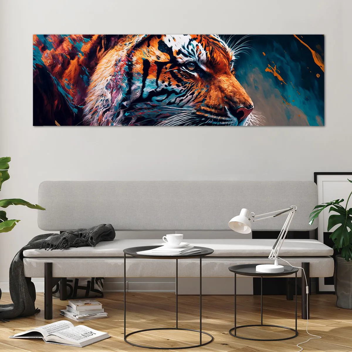 Obraz na szkle - Portret tygrysa w dynamicznej, abstrakcyjnej kolorystyce - 160x50cm - Dzikie piękno - Nowoczesna dekoracja ścienna do salonu i sypialni ARTTOR