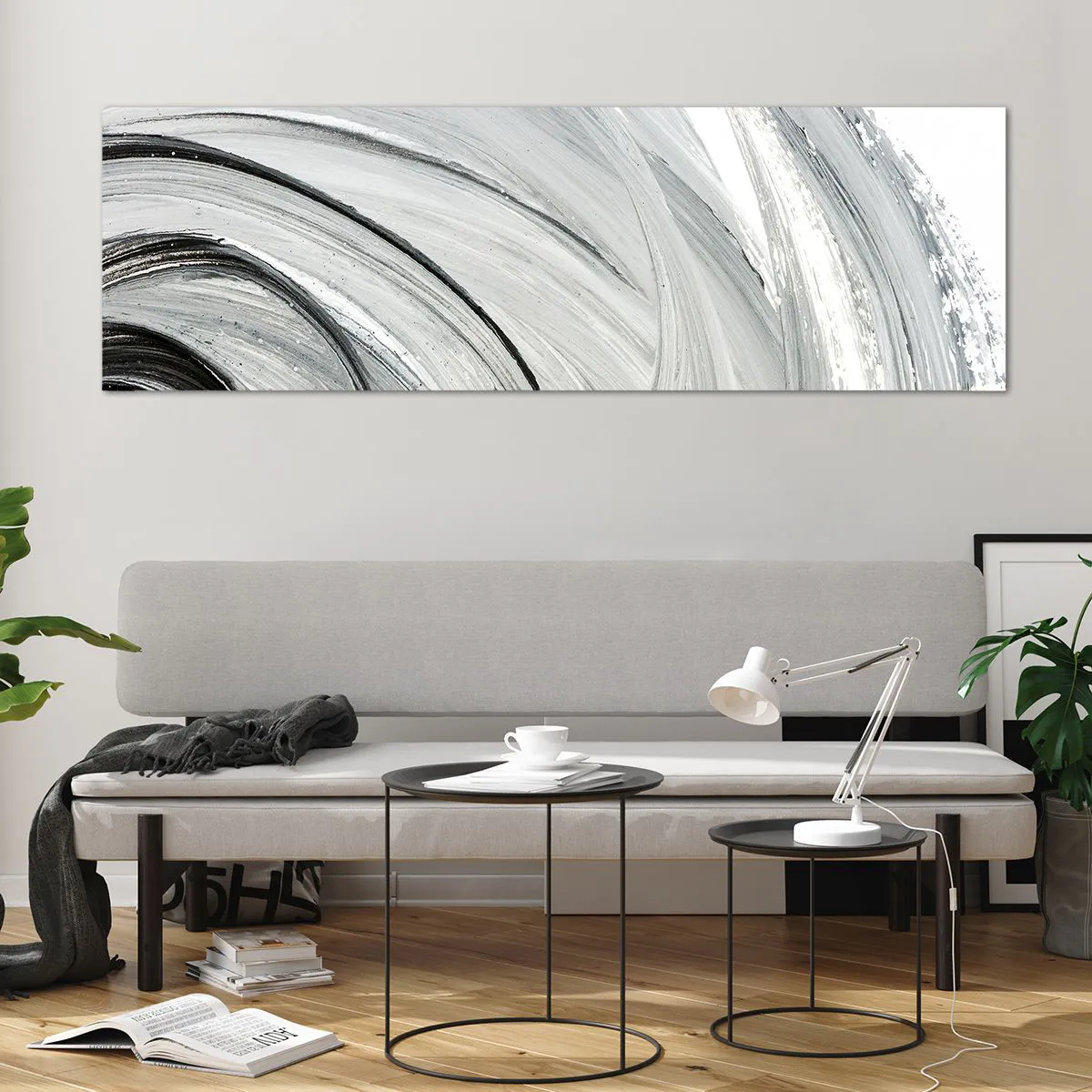 Glasbild - Bild auf glas - Ein monochromer Wirbel in Grau- und Schwarztönen - 160x50cm - Orbitale Komposition - Moderne Wanddekoration für Wohnzimmer und Schlafzimmer ARTTOR