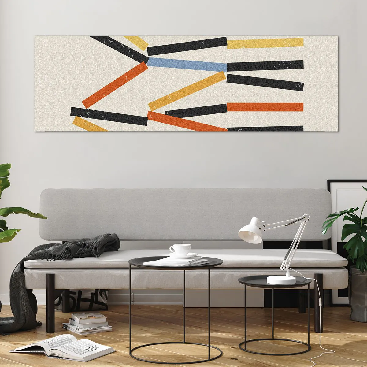 Impression sur verre - Image sur verre - Composition abstraite avec des rectangles colorés et noirs disposés horizontalement - 160x50cm - Composition de niveaux - Décoration murale moderne pour le salon et la chambre ARTTOR