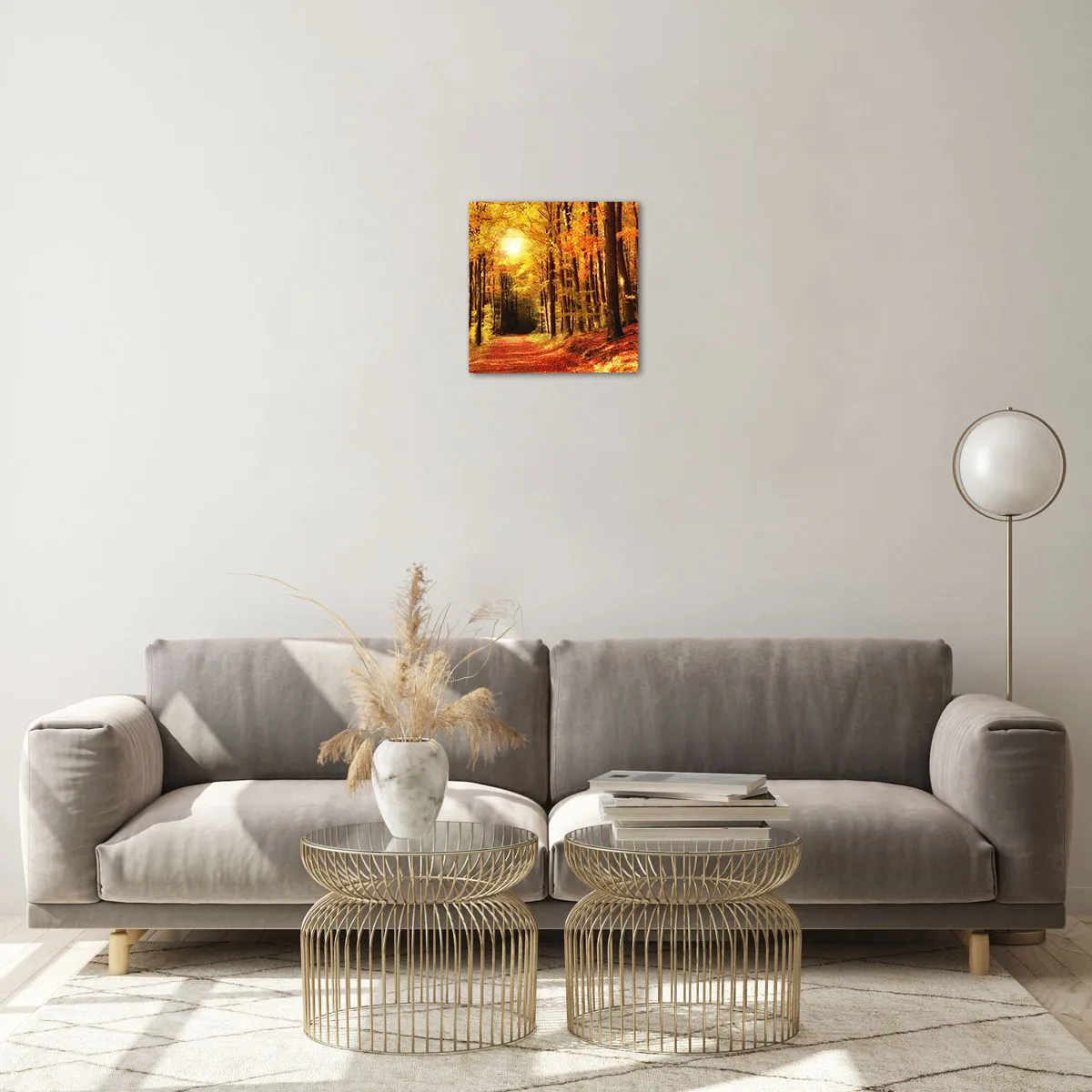 Tablou pe sticlă - Toamna de aur pe un drum forestier - 30x30 cm
