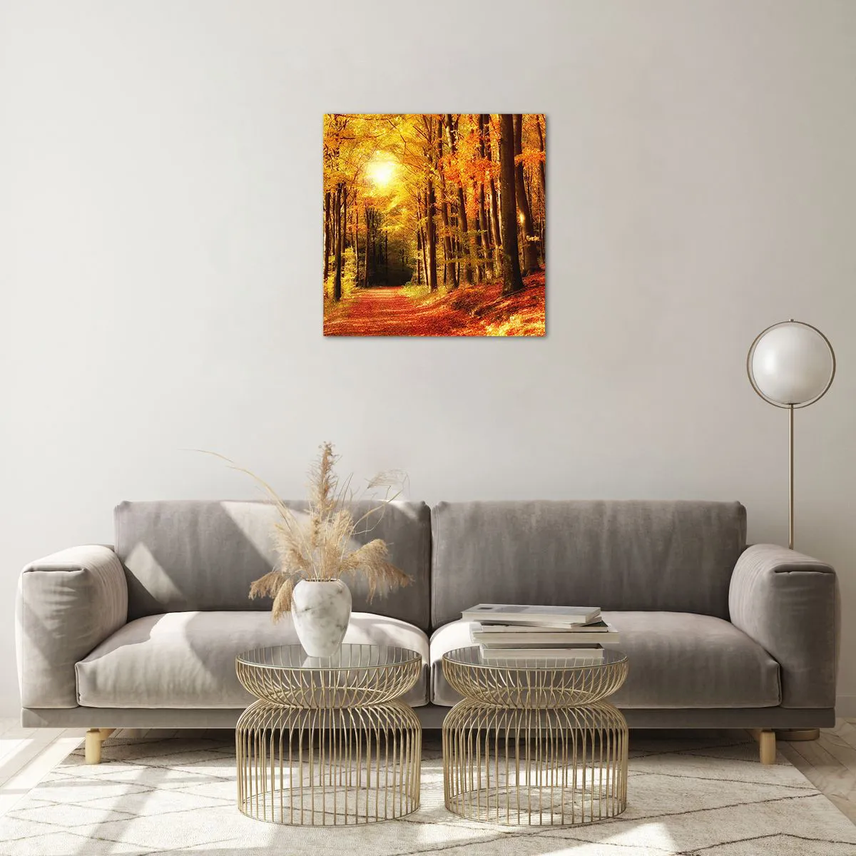 Impression sur verre - Image sur verre - Automne doré sur une route forestière - 50x50 cm