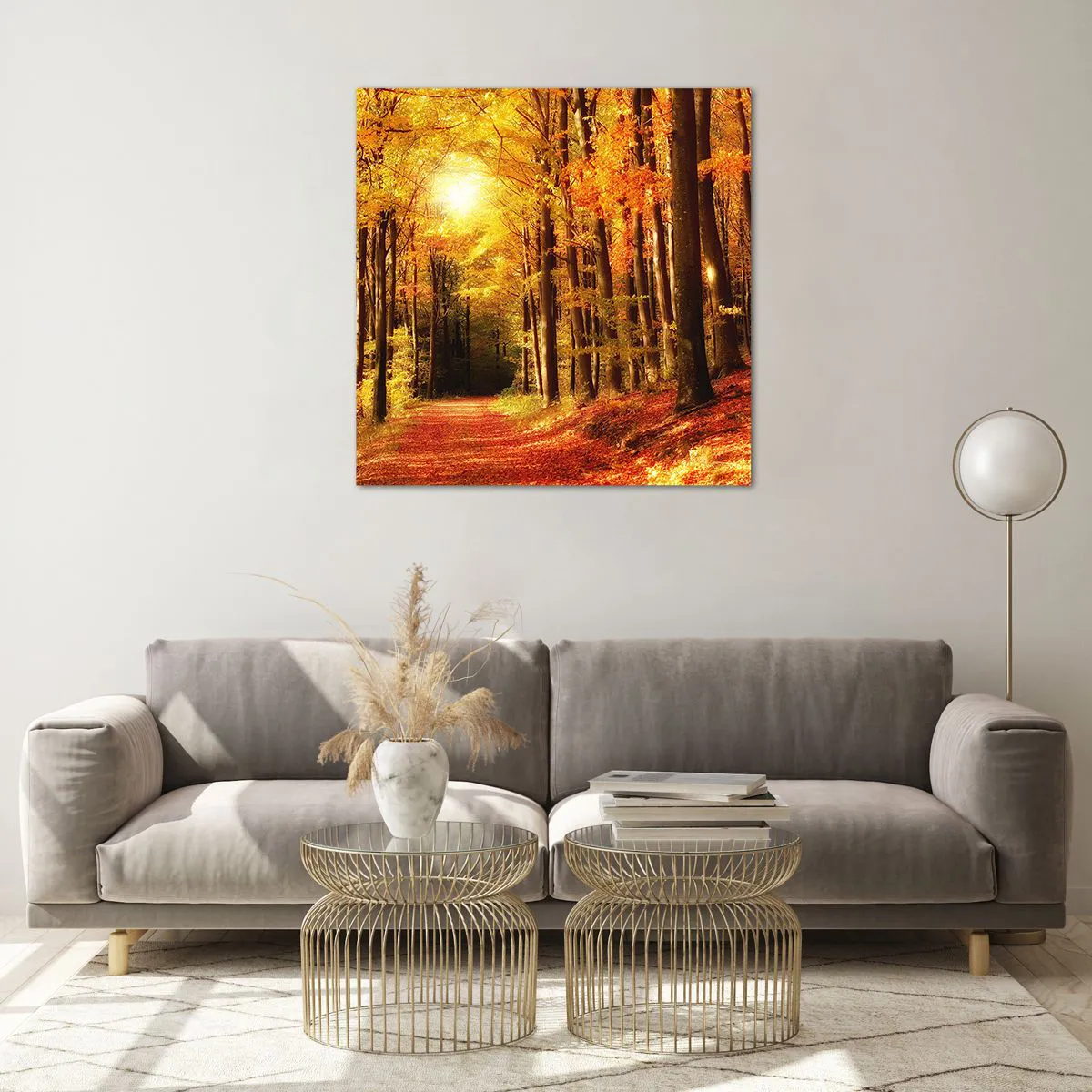 Tablou pe sticlă - Toamna de aur pe un drum forestier - 70x70 cm