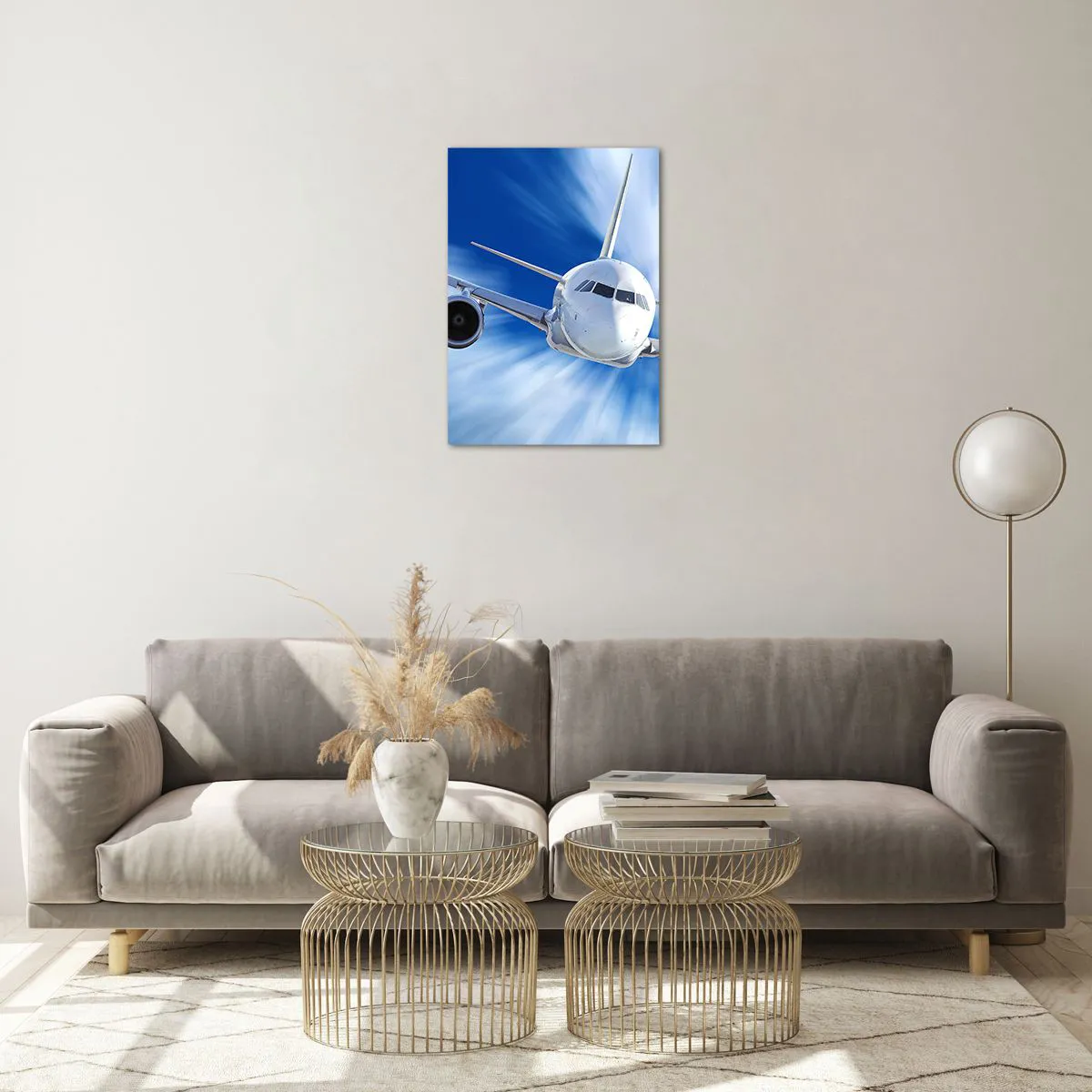 Obraz na szkle - Samolot pasażerski na tle błękitnego, dynamicznego nieba - 50x70cm - Szybszy niż wiatr na niebie - Nowoczesna dekoracja ścienna do salonu, kuchni i sypialni ARTTOR