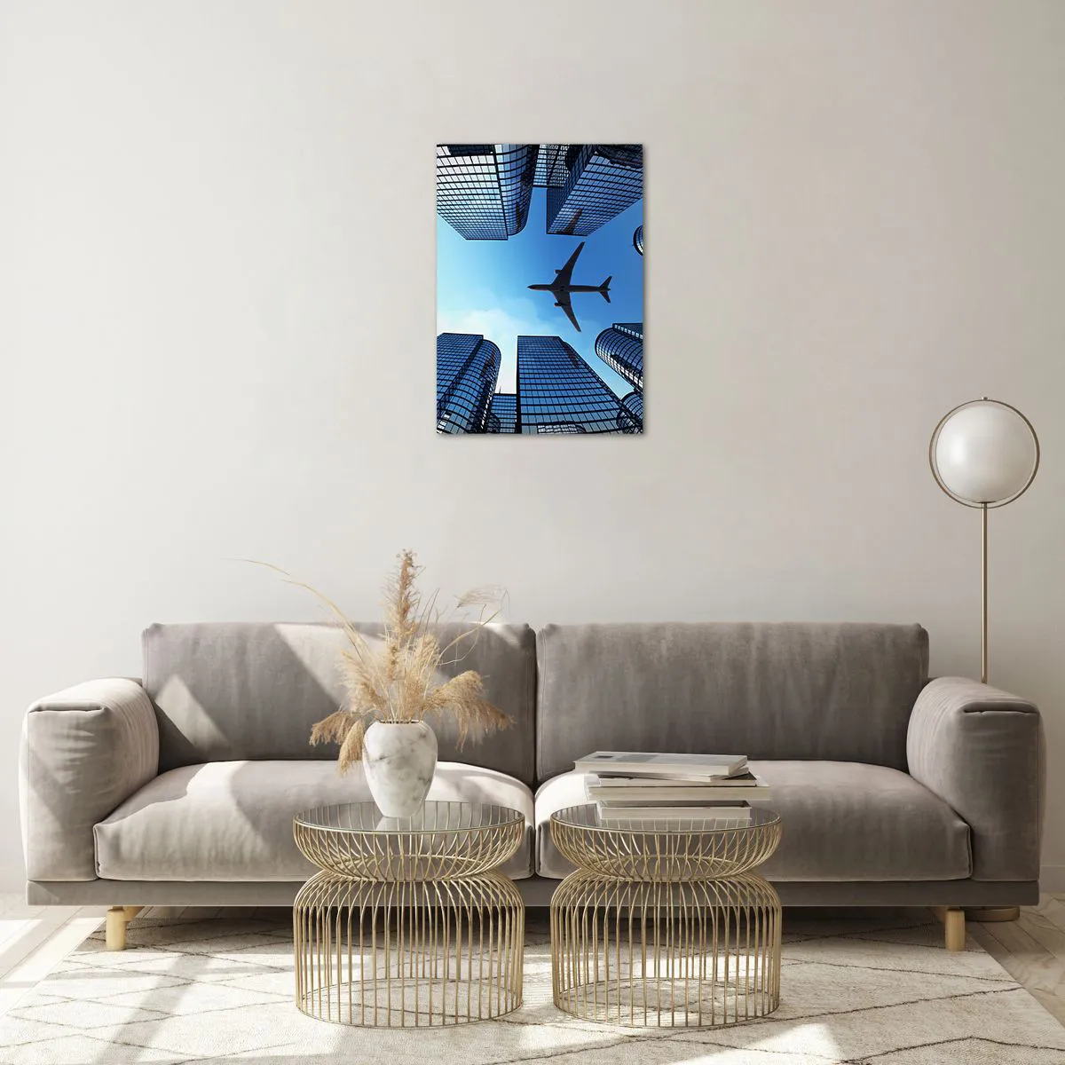 Impression sur verre - Image sur verre - Vue de l'avion entre les gratte-ciels - 50x70cm - La vue depuis le ravin de verre - Décoration murale moderne pour le salon et la chambre ARTTOR