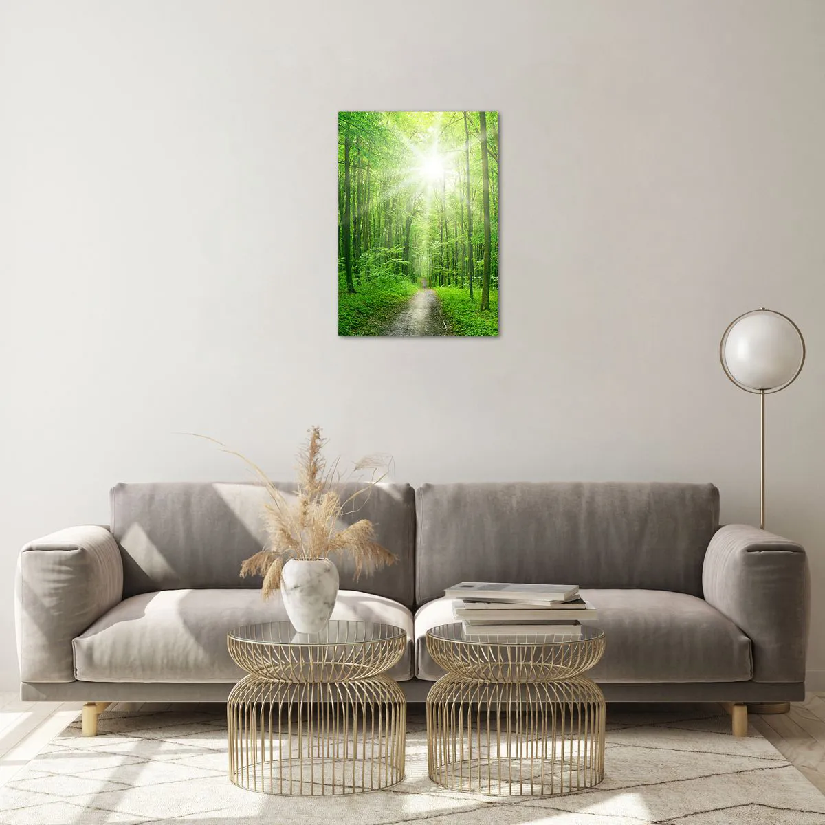 Cuadro sobre vidrio - Impresiones sobre Vidrio - Un camino en el bosque iluminado por los rayos del sol. - 50x70cm - Catedral verde - Decoración de pared moderna para salón y dormitorio ARTTOR