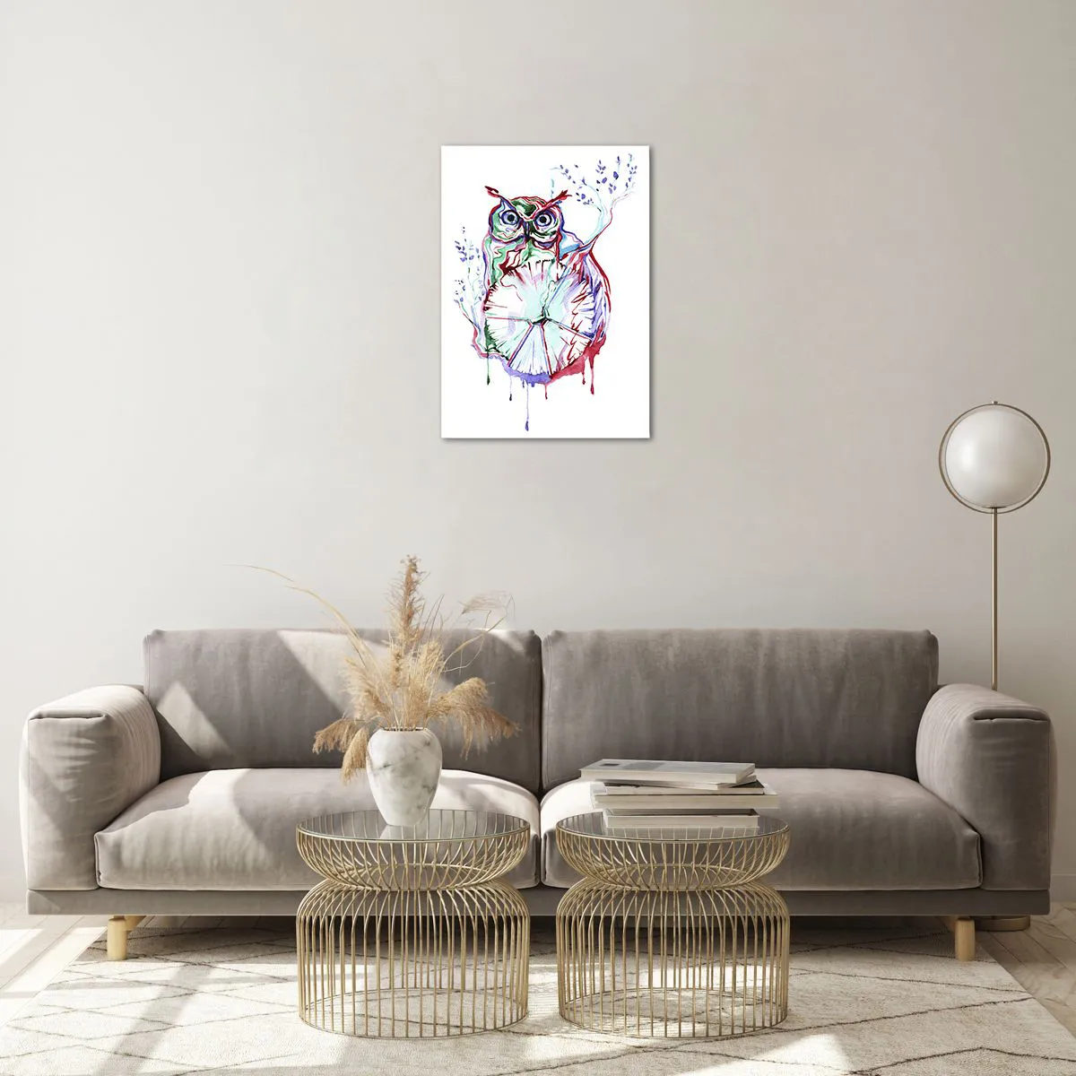 Glasbild - Bild auf glas - Abstrakte Eule in einer farbenfrohen Aquarellkomposition - 50x70cm - Von Natur aus klug - Moderne Wanddekoration für Wohnzimmer und Schlafzimmer ARTTOR