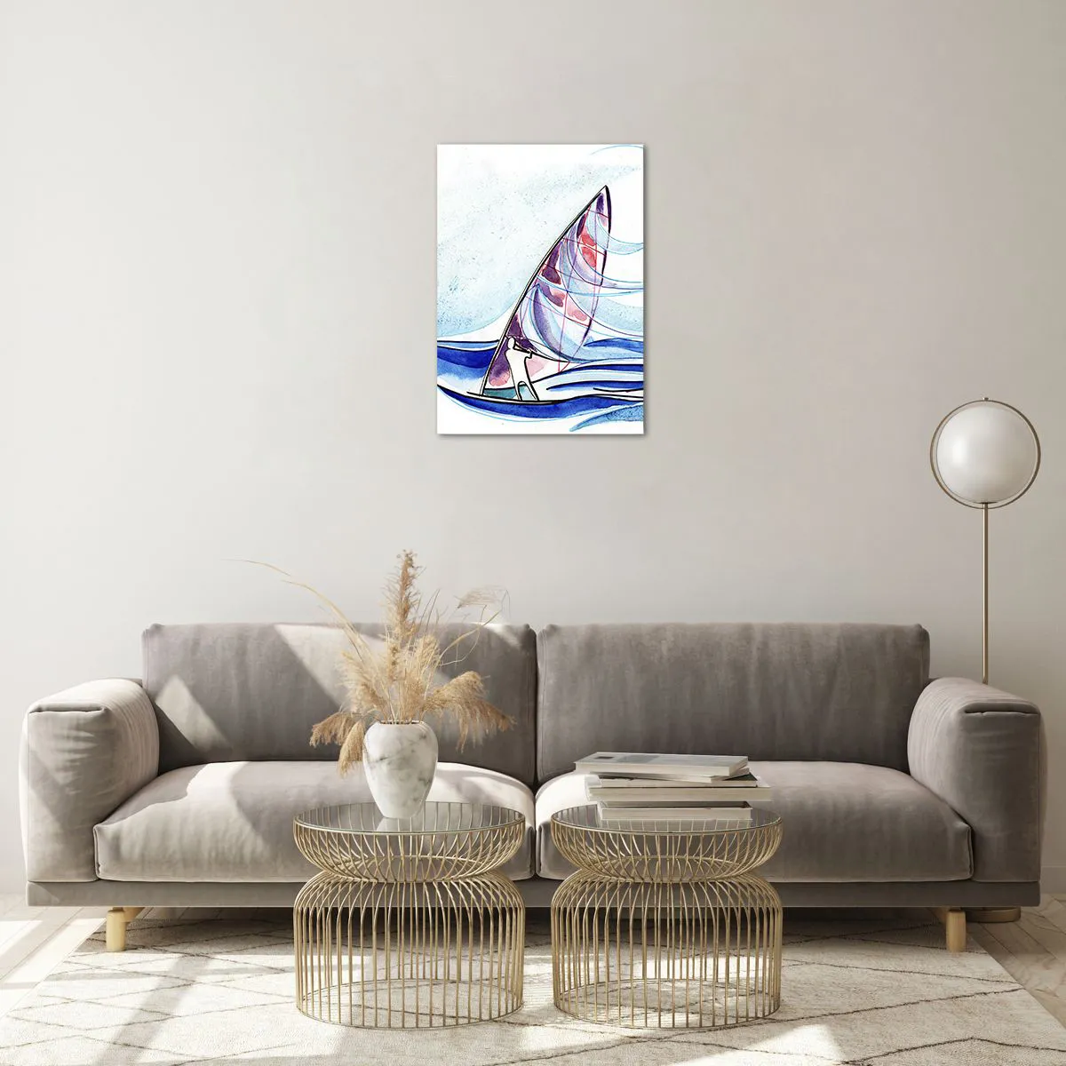 Impression sur verre - Image sur verre - Un voilier sur les vagues dans un style aquarelle - 50x70cm - Avec le vent au rythme des vagues - Décoration murale moderne pour le salon et la chambre ARTTOR