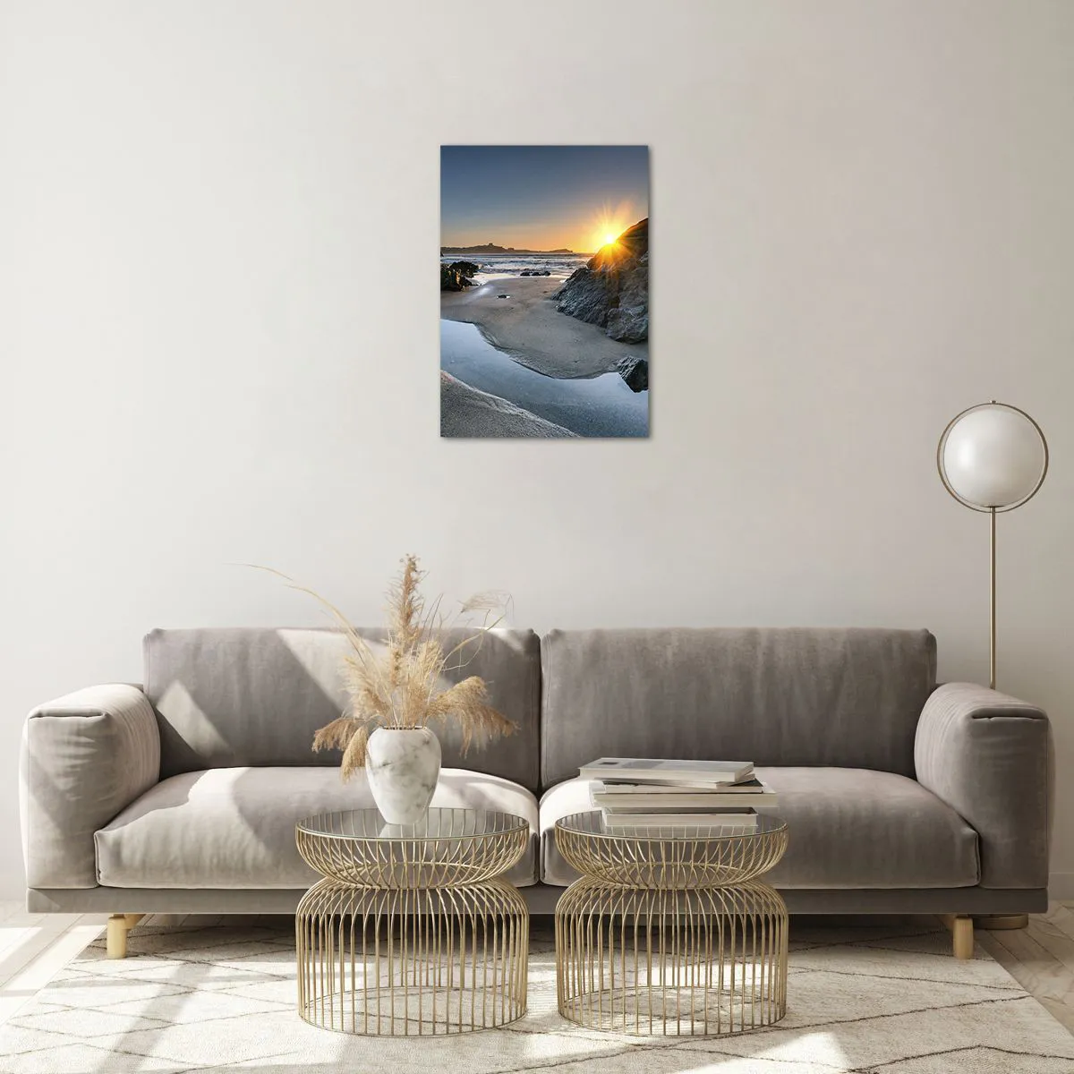 Quadro su vetro - Spiaggia all'alba con rocce pittoresche e acqua - 50x70cm - Mai toccate da mano umana - Decorazione murale moderna per soggiorno e camera da letto ARTTOR