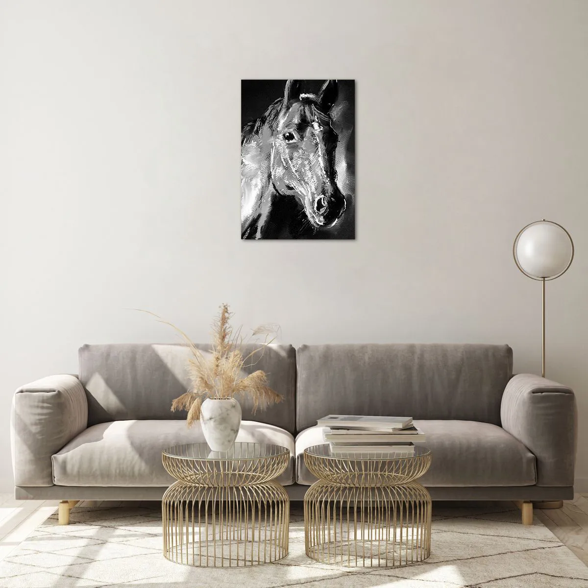 Glasbild - Bild auf glas - Porträt eines Pferdes in Schwarz-Weiß-Tönen auf dunklem Hintergrund - 50x70cm - Das Leuchten einer edlen Seele - Moderne Wanddekoration für Wohnzimmer und Schlafzimmer ARTTOR