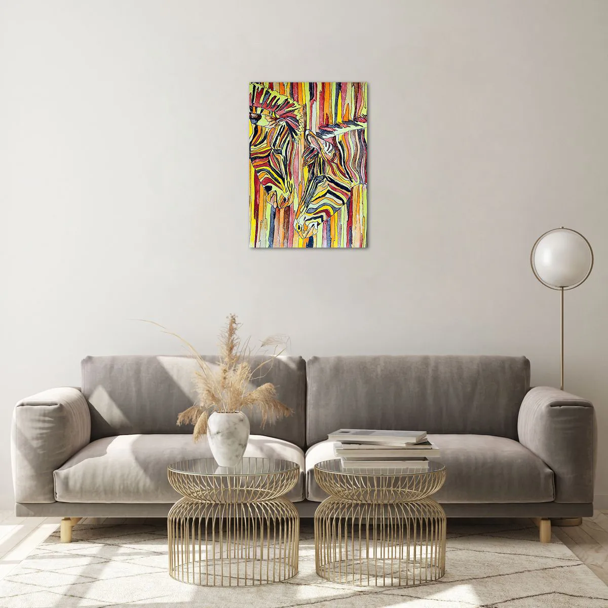 Cuadro sobre vidrio - Impresiones sobre Vidrio - Cebras coloridas en un estilo artístico de acuarela. - 50x70cm - Y tú también... - Decoración de pared moderna para salón y dormitorio ARTTOR