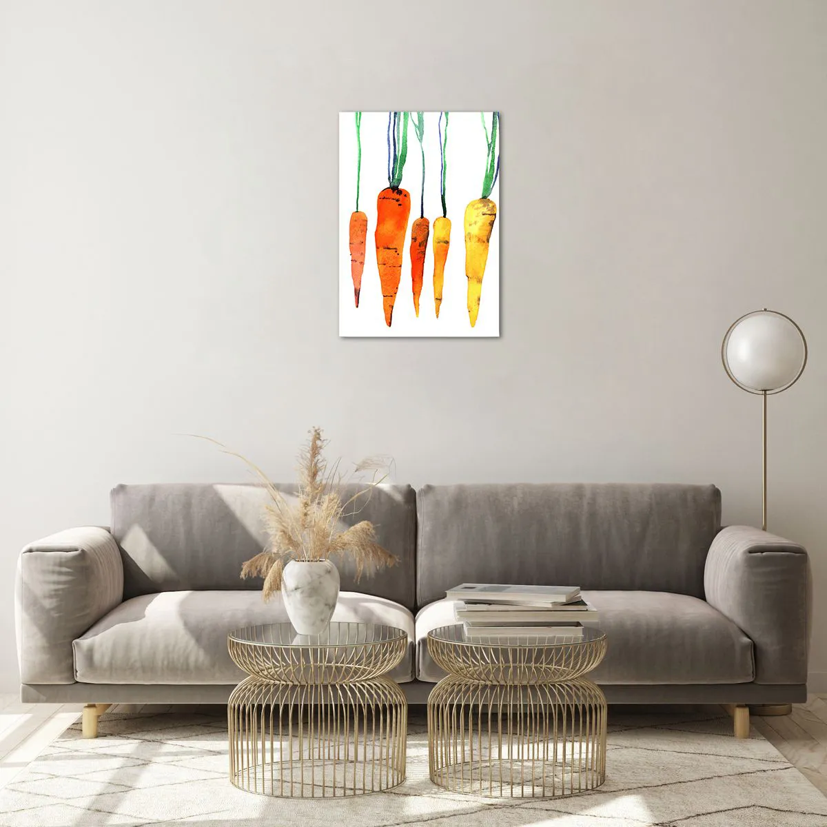 Impression sur verre - Image sur verre - Carottes à l'aquarelle dans différentes nuances d'orange avec des tiges vertes - 50x70cm - La beauté de l'ordinaire - Décoration murale moderne pour le salon et la chambre ARTTOR