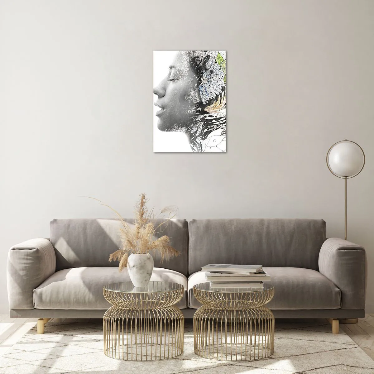 Impression sur verre - Image sur verre - Profil de femme avec des motifs de la nature dans un style monochrome - 50x70cm - Immergé dans la nature - Décoration murale moderne pour le salon et la chambre ARTTOR