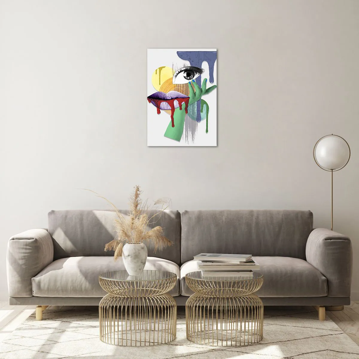 Obraz na szkle - Abstrakcyjna kompozycja z okiem, ustami i kolorami - 50x70cm - Portret zdekonstruowany - Nowoczesna dekoracja ścienna do salonu, kuchni i sypialni ARTTOR