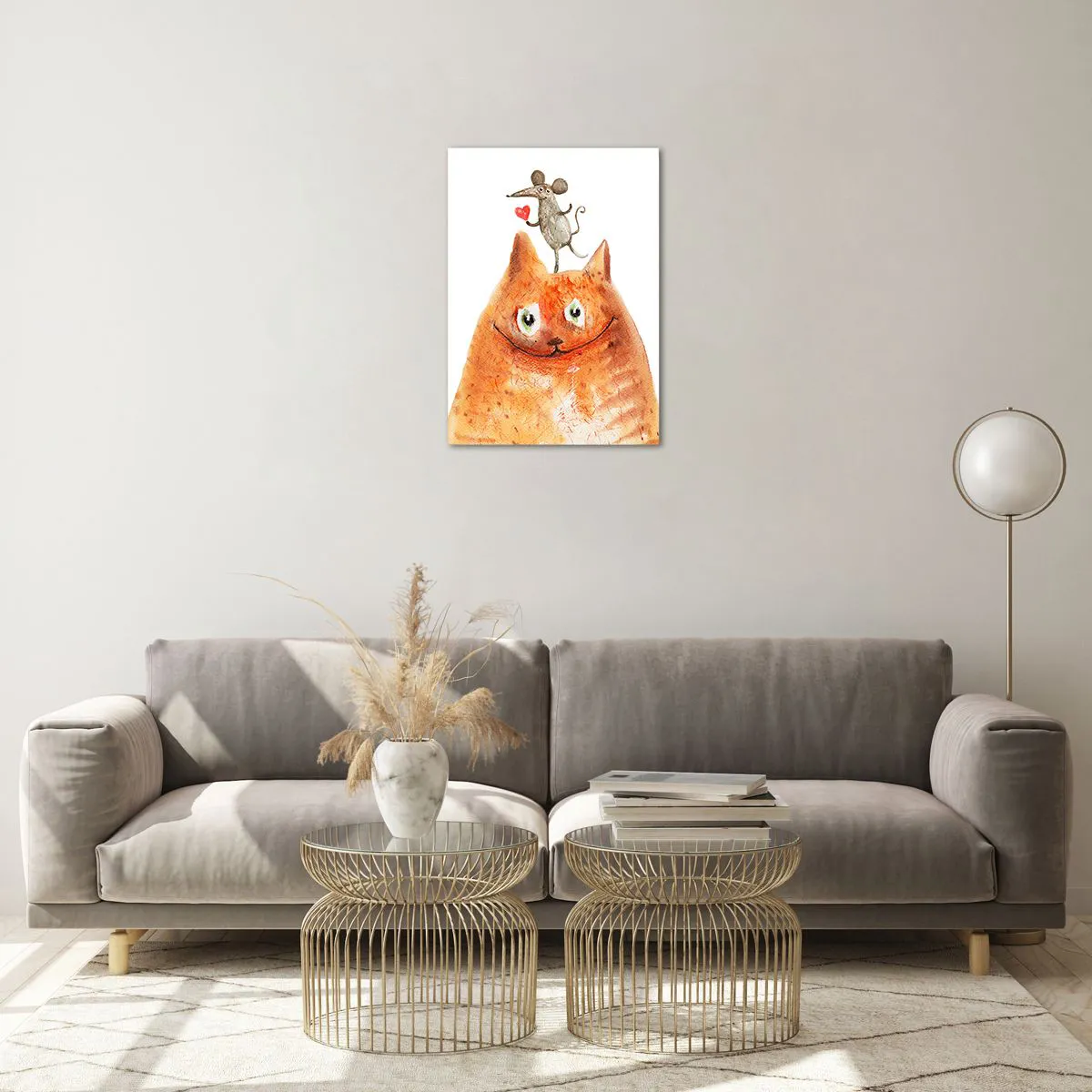 Impression sur verre - Image sur verre - Un chat avec une souris sur la tête dans un style humoristique - 50x70cm - Amour paradoxal - Décoration murale moderne pour le salon et la chambre ARTTOR