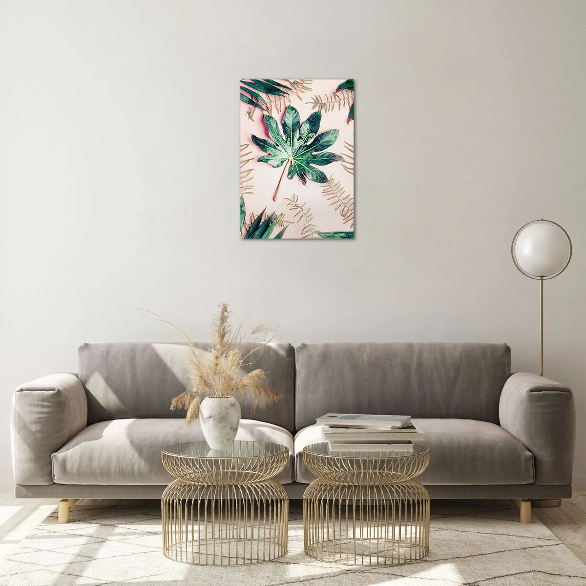 Billede på glas - En undersøgelse af grønt på en lyserød baggrund - 50x70 cm