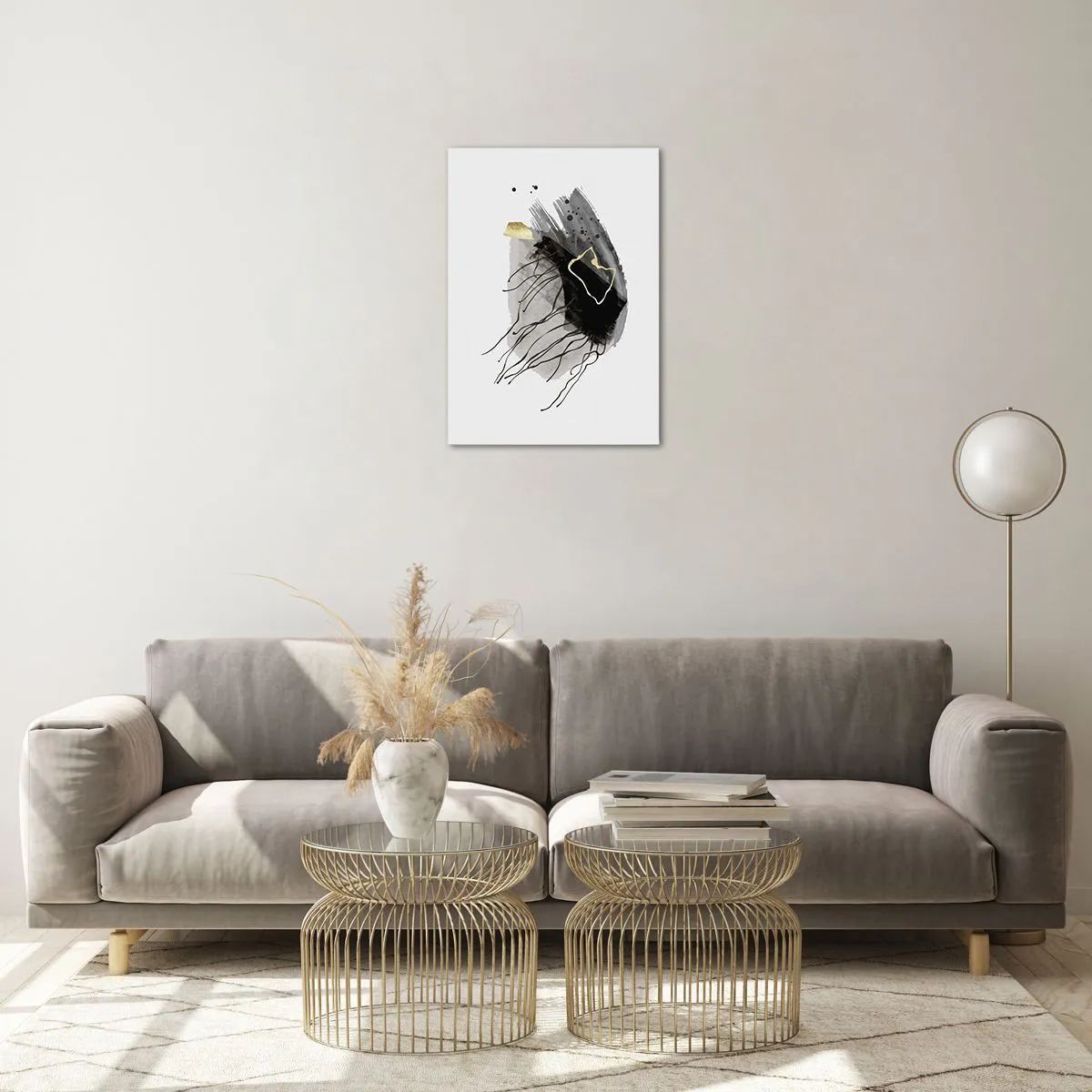 Impression sur verre - Image sur verre - Composition abstraite de noir et d'or sur fond blanc - 50x70cm - En noir et en or - Décoration murale moderne pour le salon et la chambre ARTTOR