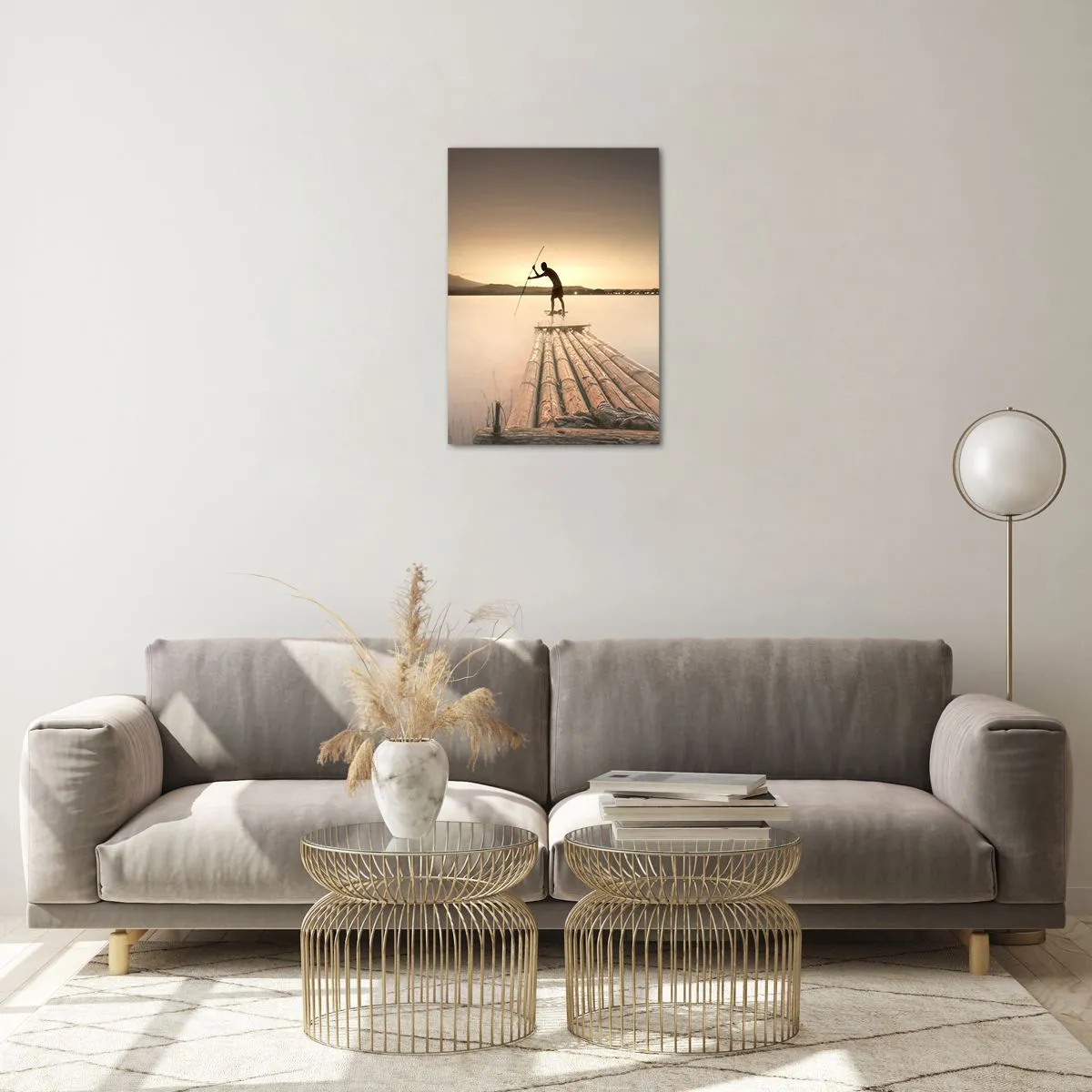Impression sur verre - Image sur verre - Un pêcheur sur un radeau en bambou au crépuscule - 50x70cm - Avant la fin du jour - Décoration murale moderne pour le salon et la chambre ARTTOR
