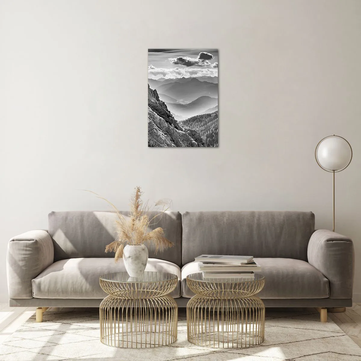 Quadro su vetro - Panorama montano in bianco e nero con vista sulla valle - 50x70cm - Fino all'orizzonte - Decorazione murale moderna per soggiorno e camera da letto ARTTOR