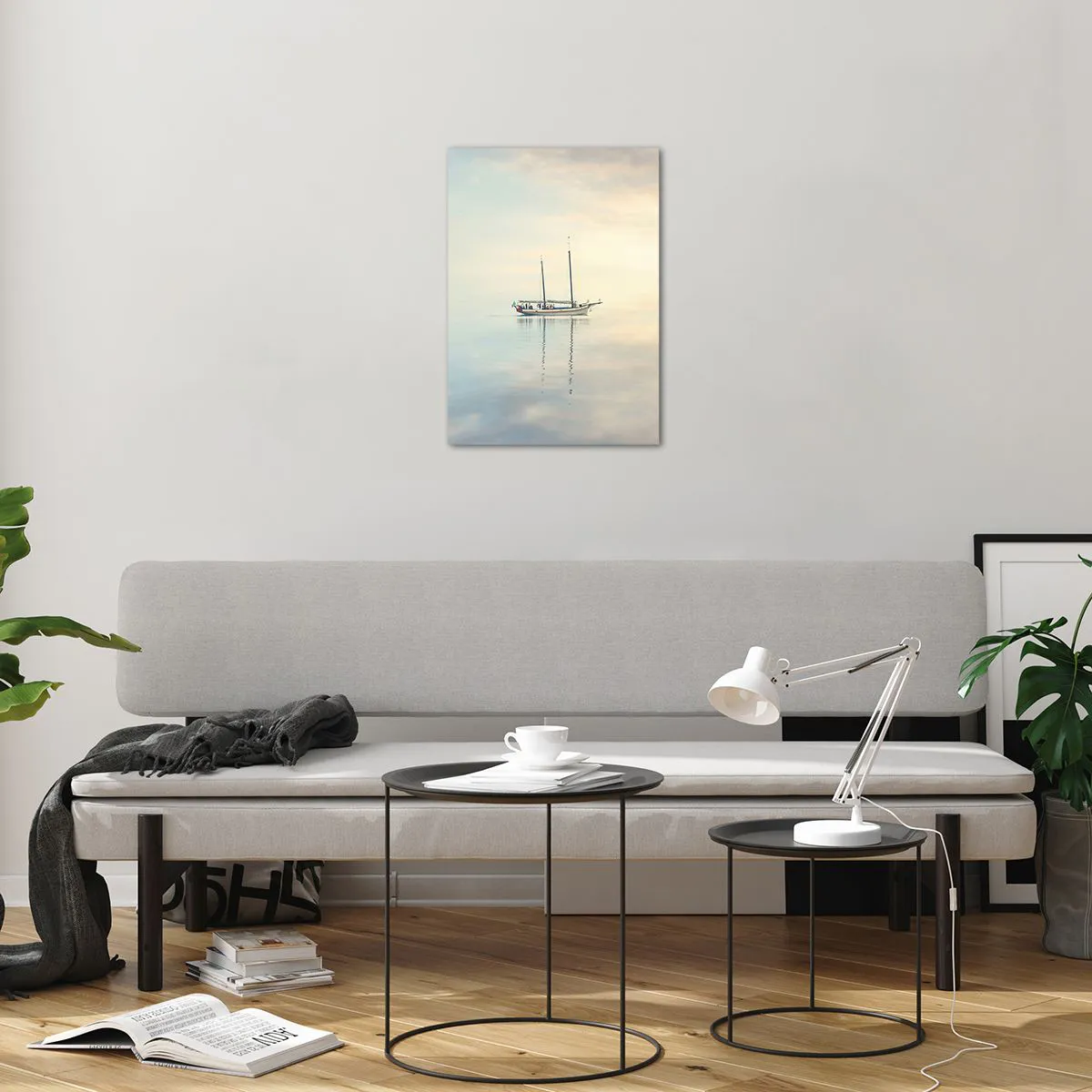 Impression sur verre - Image sur verre - Un voilier dérivant sur une mer calme à l'aube - 50x70cm - Dans une mer de silence - Décoration murale moderne pour le salon et la chambre ARTTOR