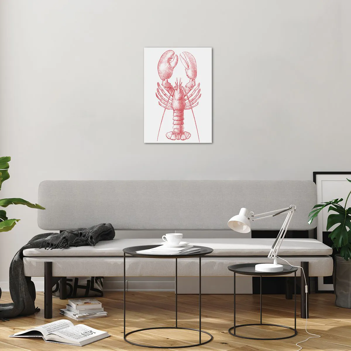 Glasbild - Bild auf glas - Skizze eines Hummers in Rot auf hellem Hintergrund - 50x70cm - Hummer, der Homers würdig ist - Moderne Wanddekoration für Wohnzimmer und Schlafzimmer ARTTOR