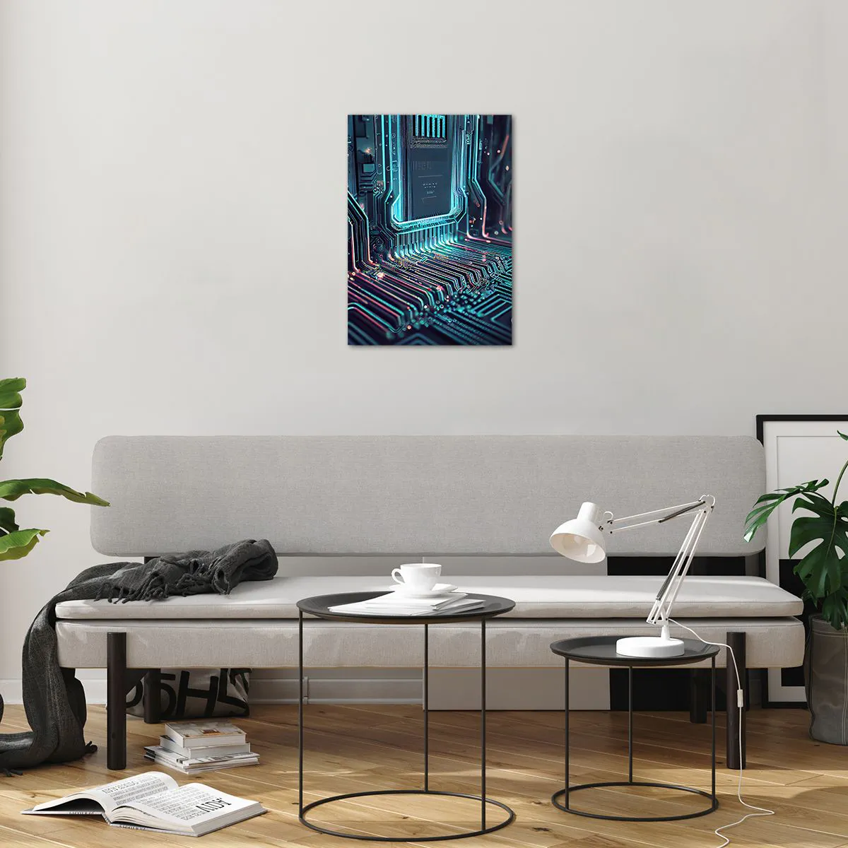 Glasbild - Bild auf glas - Neon-Visualisierung von Prozessorspuren auf schwarzem Hintergrund - 50x70cm - Ich denke nur… - Moderne Wanddekoration für Wohnzimmer und Schlafzimmer ARTTOR