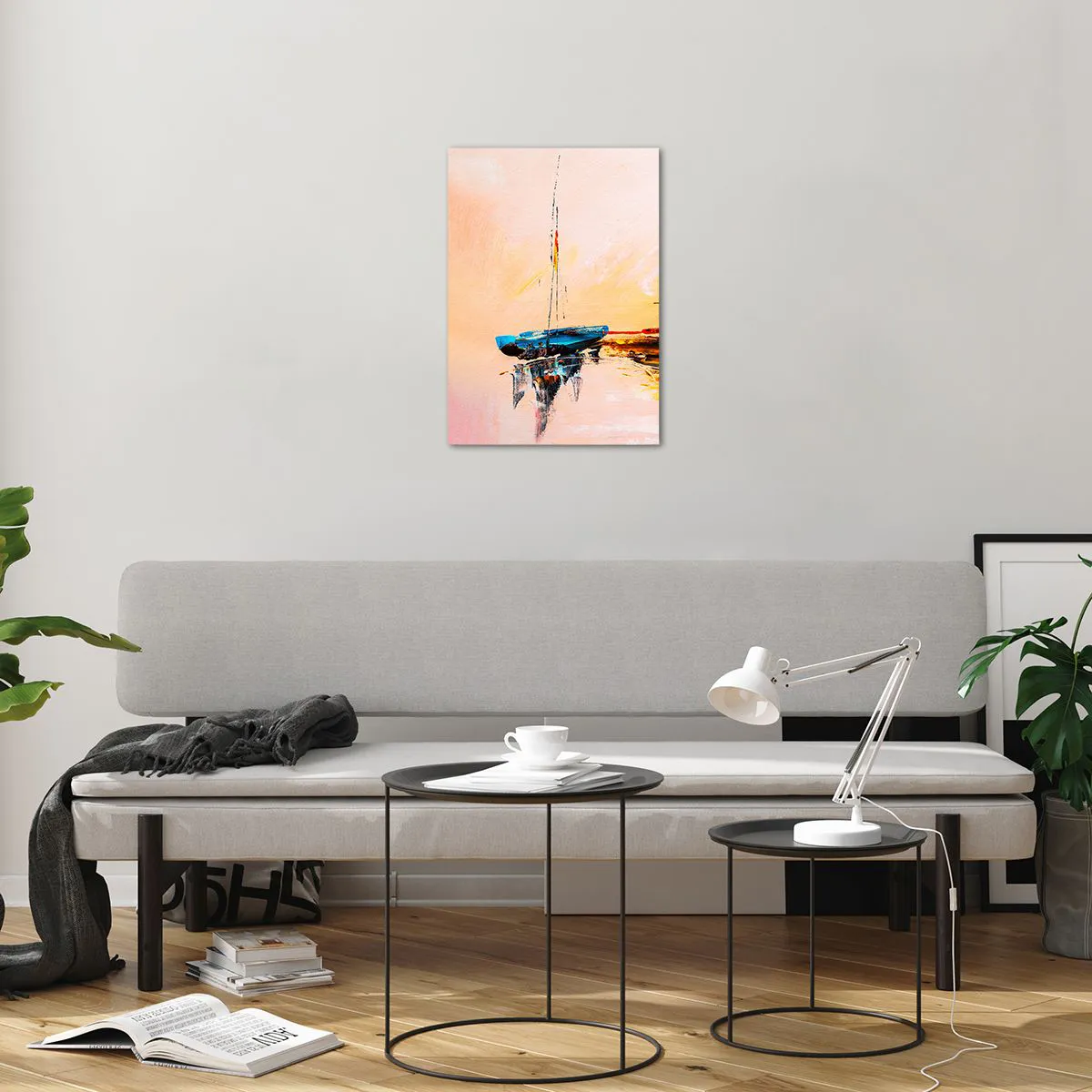 Obraz na szkle - Kolorowe łodzie zacumowane na tle zachodu słońca w stylu impresyjnym - 50x70cm - Wieczór w przystani - Nowoczesna dekoracja ścienna do salonu, kuchni i sypialni ARTTOR