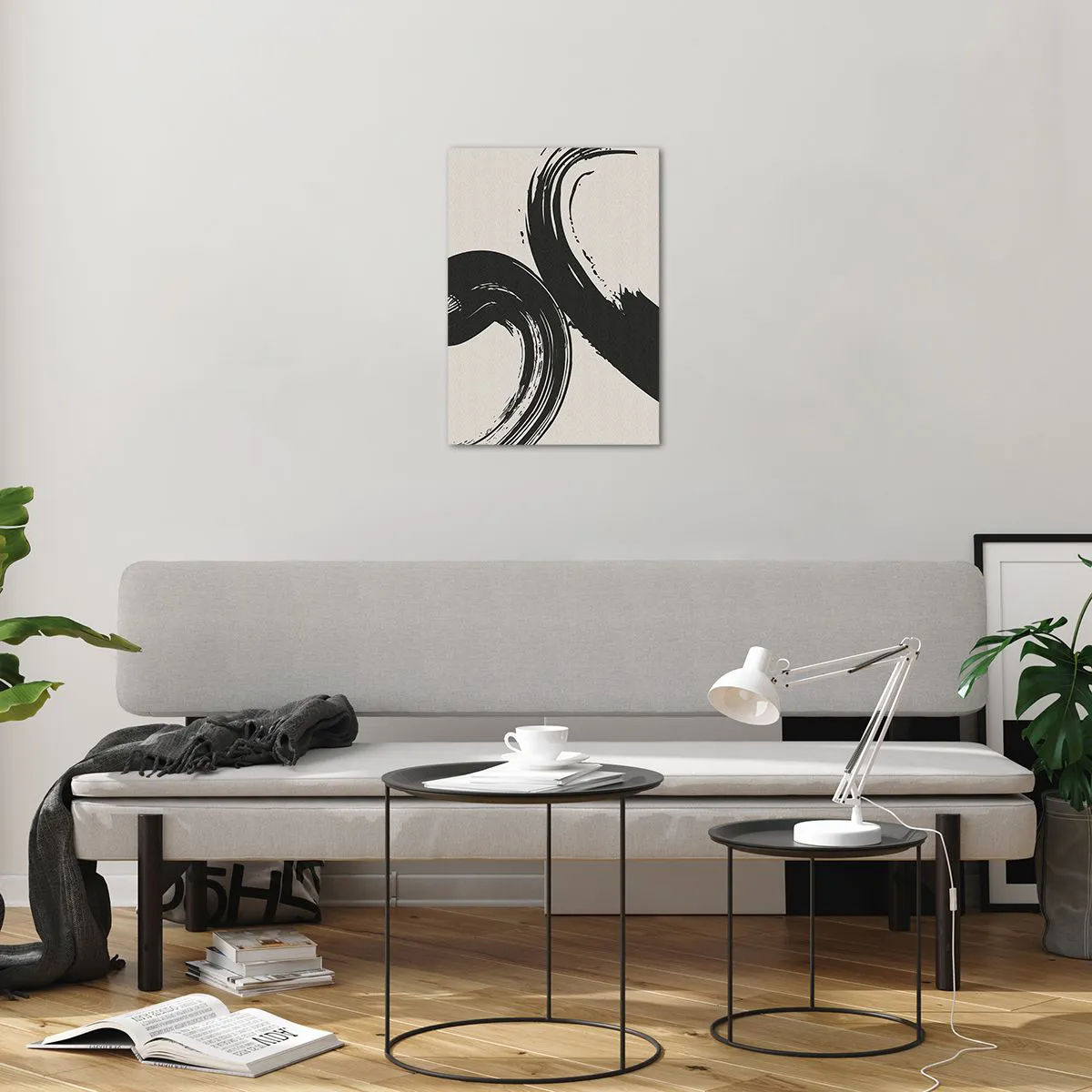 Glasbild - Bild auf glas - Schwarze, dynamische kalligrafische Pinselstriche auf hellem Hintergrund. - 50x70cm - Ausladend und kreisförmig - Moderne Wanddekoration für Wohnzimmer und Schlafzimmer ARTTOR