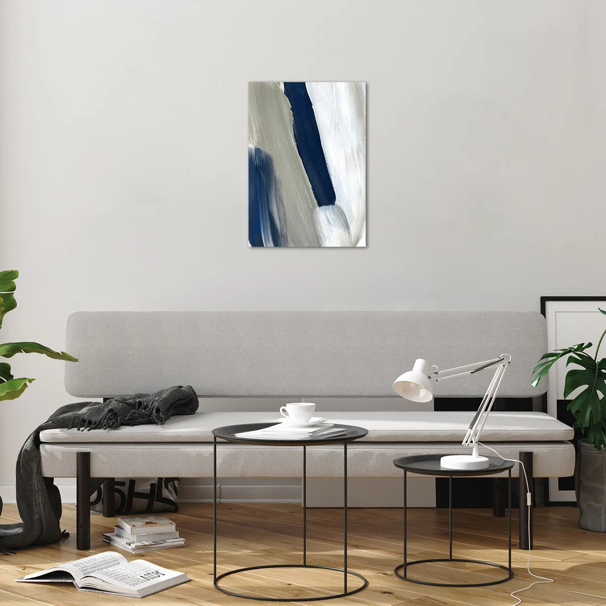 Glasbild - Bild auf glas - Minimalistische Abstraktion mit dynamischen Strichen in Weiß, Marineblau und Grau. - 50x70cm - Begegnung mit dem Weißsein - Moderne Wanddekoration für Wohnzimmer und Schlafzimmer ARTTOR