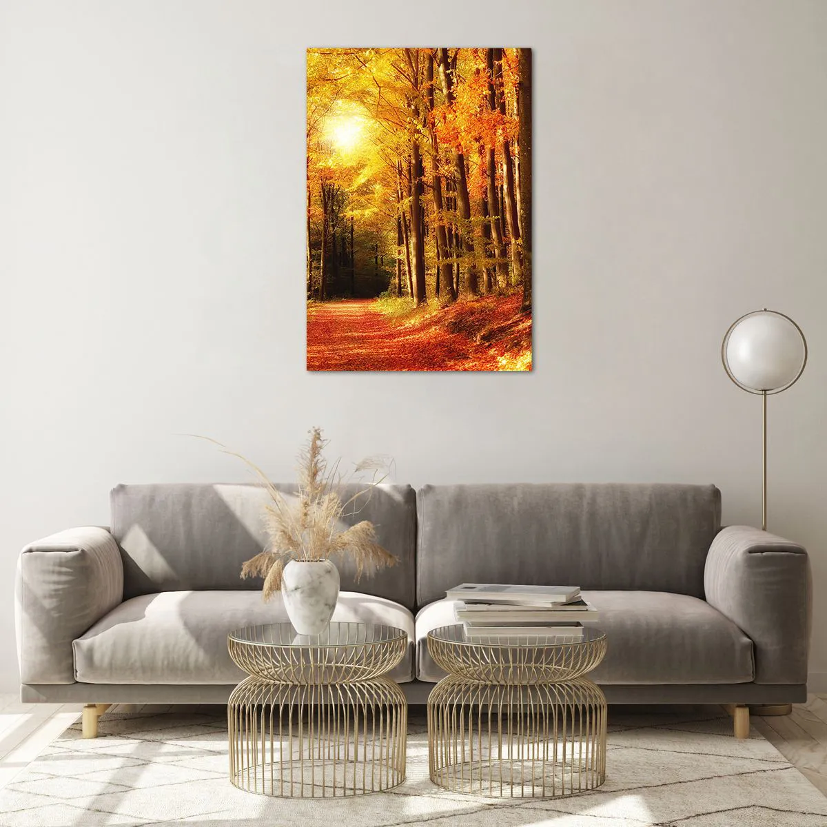 Quadro su vetro - Foresta autunnale con raggi di sole che brillano attraverso gli alberi - 70x100cm - Autunno dorato nella via nel bosco - Decorazione murale moderna per soggiorno e camera da letto ARTTOR