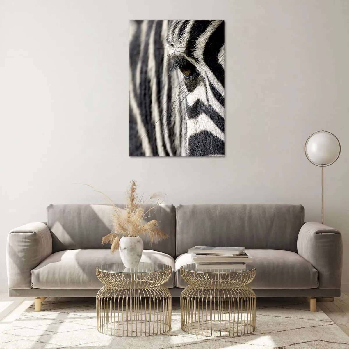 Quadro su vetro - Primo piano dell'occhio di una zebra con strisce bianche e nere - 70x100cm - Ritratto a strisce - Decorazione murale moderna per soggiorno e camera da letto ARTTOR