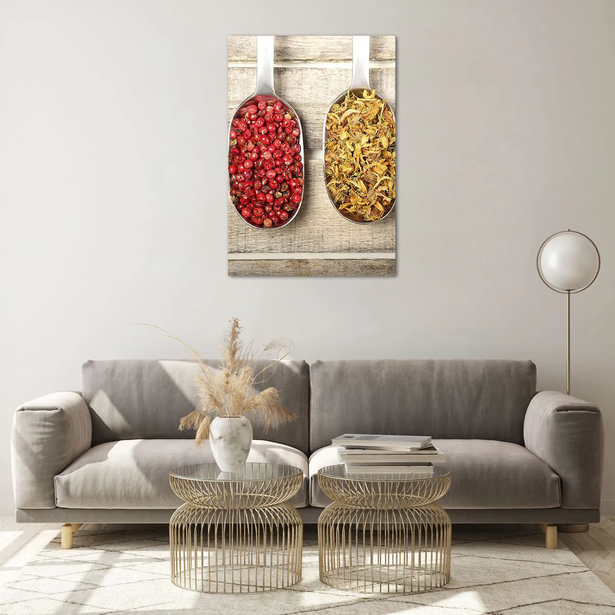 Cuadro sobre vidrio - Impresiones sobre Vidrio - Tres cucharas de metal con especias sobre un fondo de madera. - 70x100cm - La magia de la cocina - Decoración de pared moderna para salón y dormitorio ARTTOR