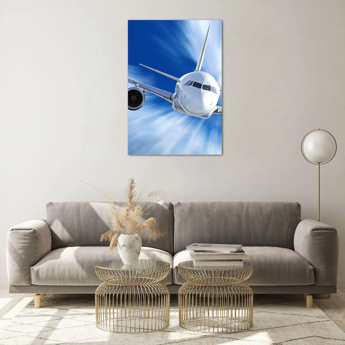 Glasbild - Bild auf glas - Ein Passagierflugzeug in Bewegung gegen den Himmel - 70x100cm - Schneller als der Wind am Himmel - Moderne Wanddekoration für Wohnzimmer und Schlafzimmer ARTTOR