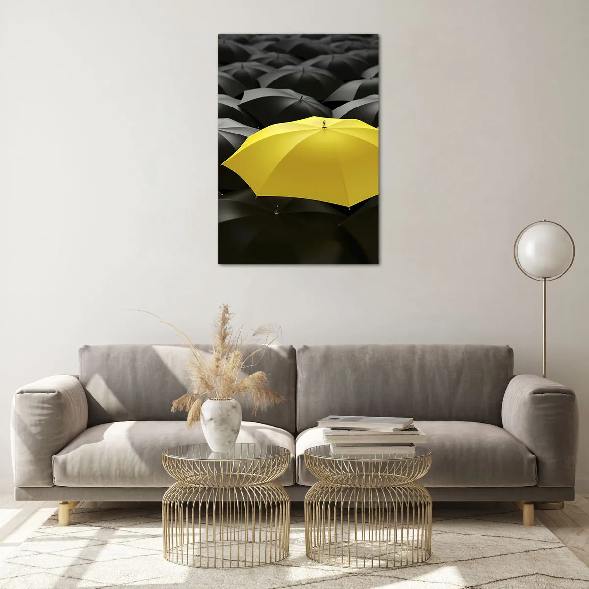 Impression sur verre - Image sur verre - Un parapluie jaune parmi des parapluies noirs - 70x100cm - Adieu chagrin - Décoration murale moderne pour le salon et la chambre ARTTOR