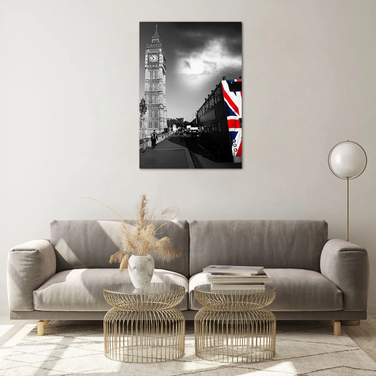 Glasbild - Bild auf glas - Big Ben und ein Bus mit britischer Flagge vor schwarz-weißem Hintergrund - 70x100cm - Stolz und toll - Moderne Wanddekoration für Wohnzimmer und Schlafzimmer ARTTOR
