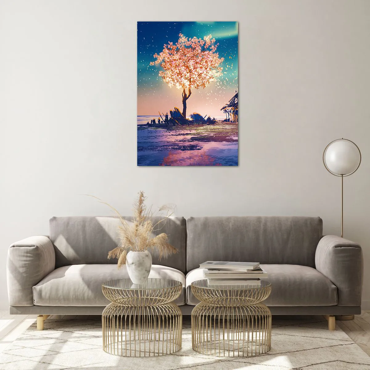 Quadro su vetro - Una casa e un albero in fiore sotto il cielo notturno - 70x100cm - La natura non passa - Decorazione murale moderna per soggiorno e camera da letto ARTTOR