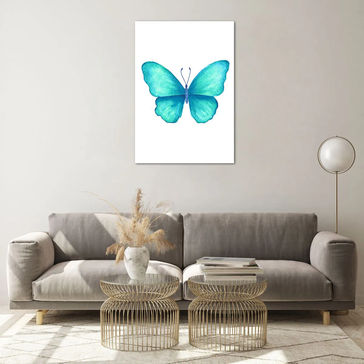 Glasbild - Bild auf glas - Blauer Schmetterling im Aquarellstil auf weißem Hintergrund - 70x100cm - Türkis von Natur aus - Moderne Wanddekoration für Wohnzimmer und Schlafzimmer ARTTOR