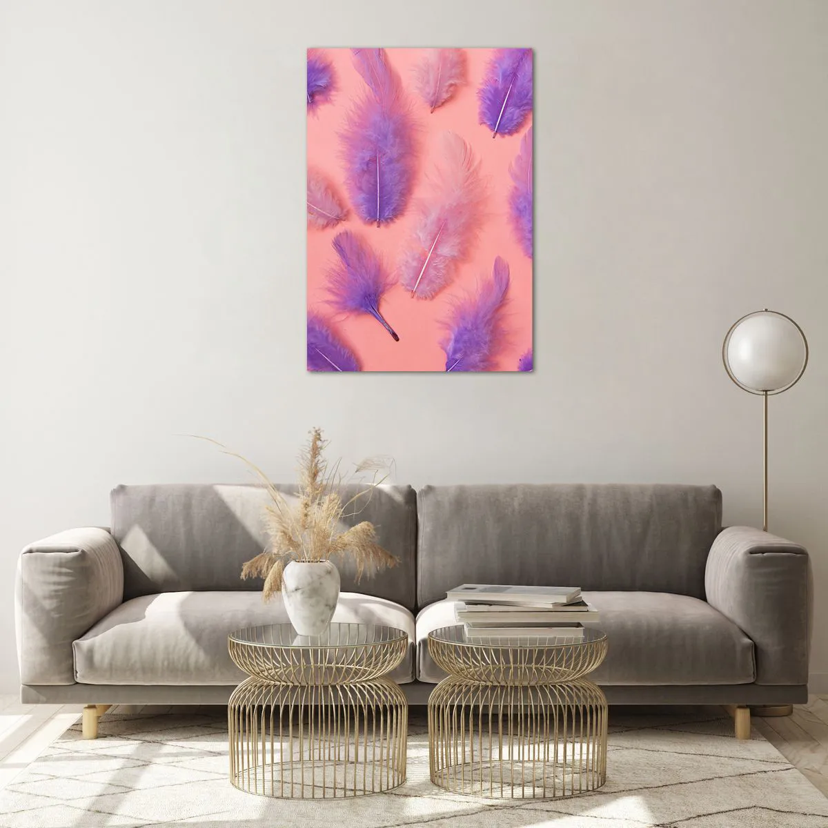 Impression sur verre - Image sur verre - Plumes violettes et roses sur fond pastel - 70x100cm - Oiseau de désir lilas - Décoration murale moderne pour le salon et la chambre ARTTOR