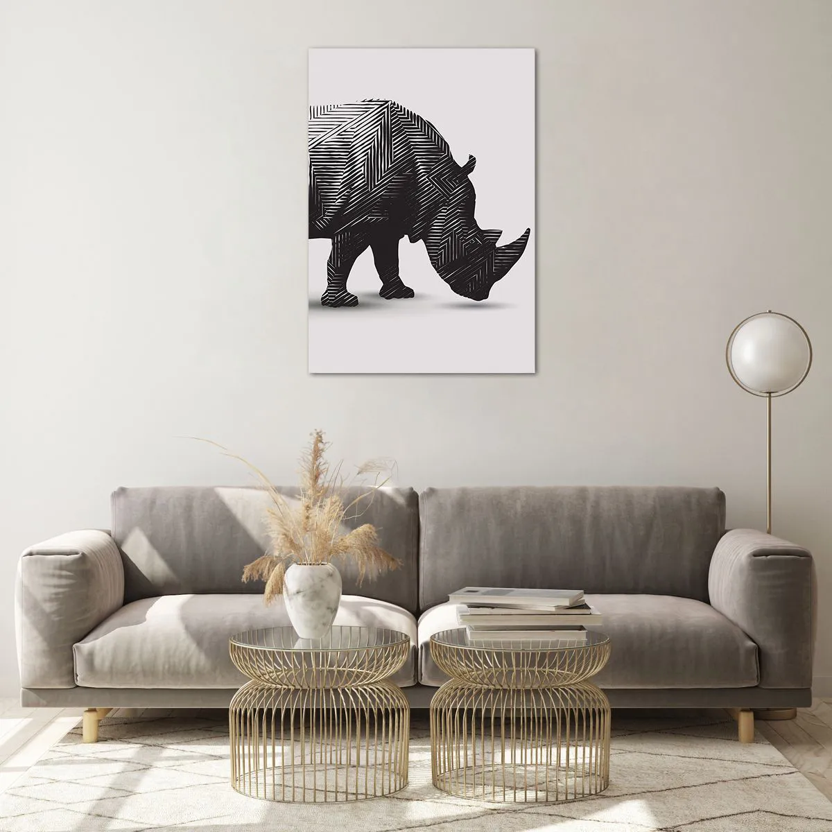 Impression sur verre - Image sur verre - Silhouette graphique d'un rhinocéros dans un motif noir et blanc - 70x100cm - Beauté géométrique de la nature - Décoration murale moderne pour le salon et la chambre ARTTOR