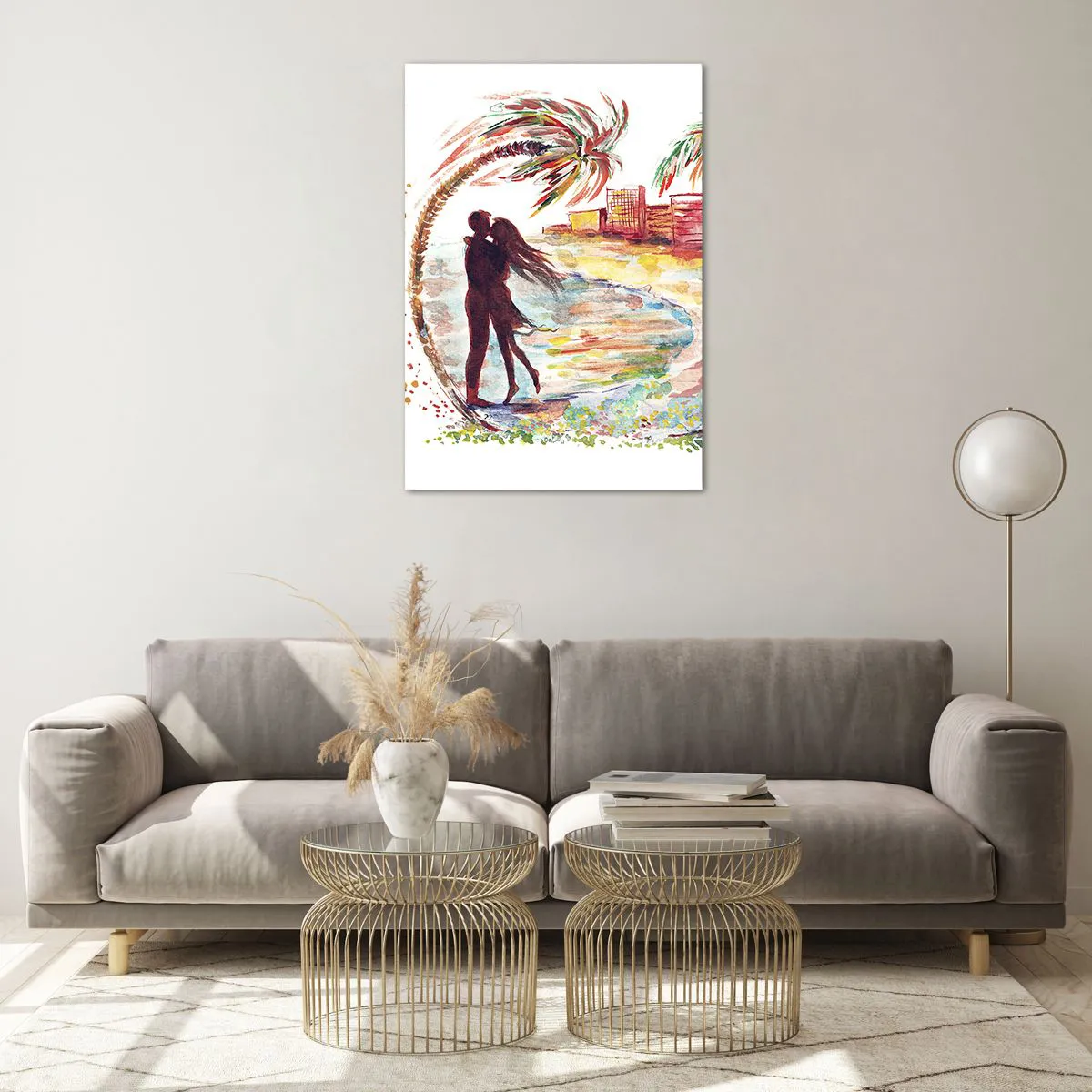 Glasbild - Bild auf glas - Romantische Paarszene an einem Strand mit Palmen in Aquarell - 70x100cm - Romantischer Urlaub - Moderne Wanddekoration für Wohnzimmer und Schlafzimmer ARTTOR