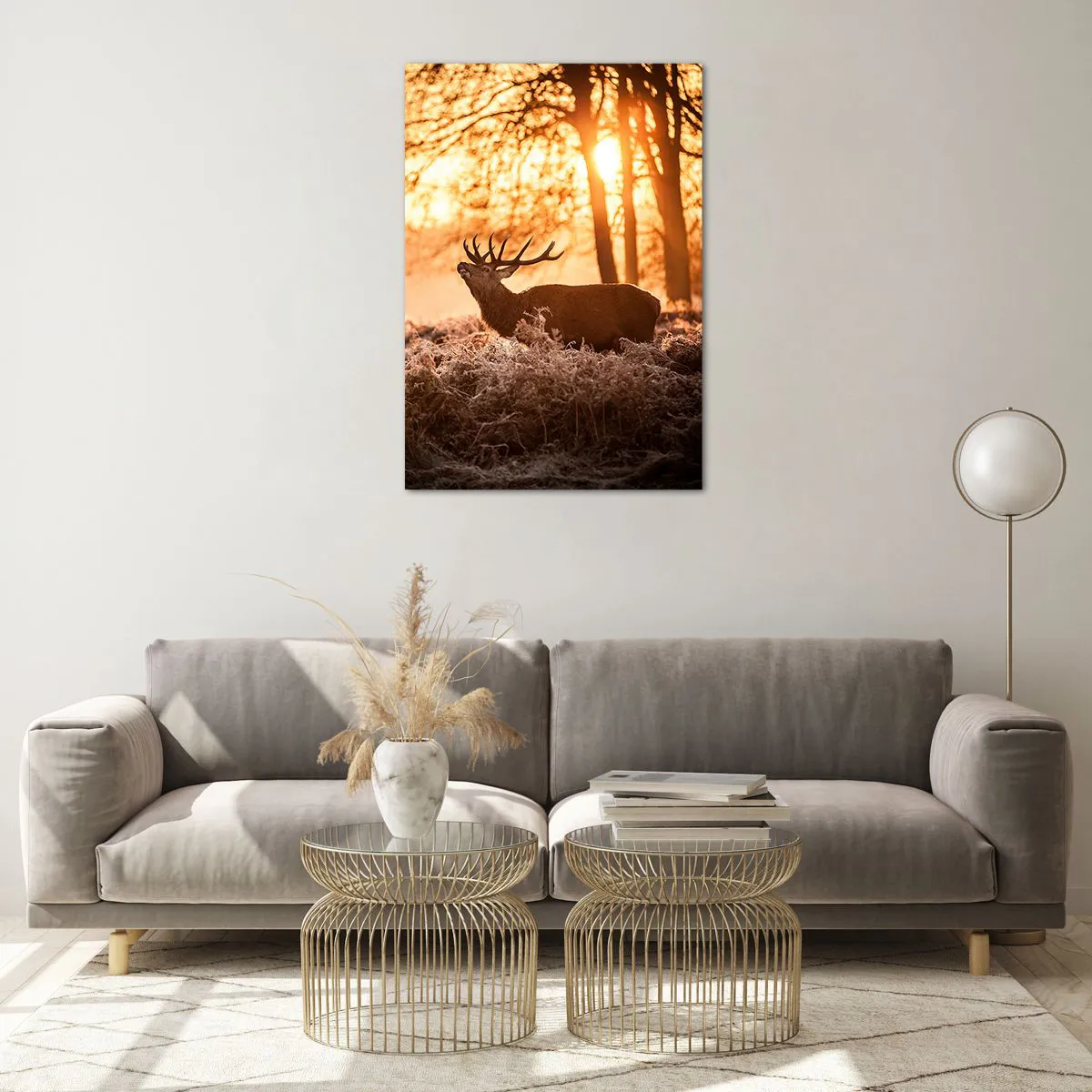 Impression sur verre - Image sur verre - Deux cerfs au coucher du soleil dans un paysage hivernal - 70x100cm - Le rêve d'un chasseur - Décoration murale moderne pour le salon et la chambre ARTTOR