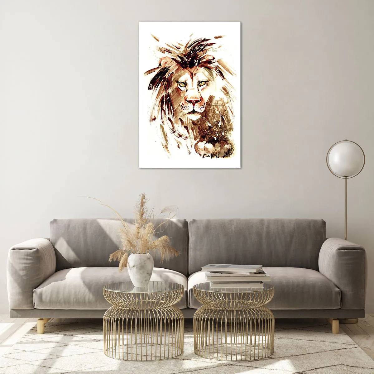 Quadro su vetro - Ritratto ad acquerello di un leone con dettagli intensi - 70x100cm - Forza e dignità - Decorazione murale moderna per soggiorno e camera da letto ARTTOR