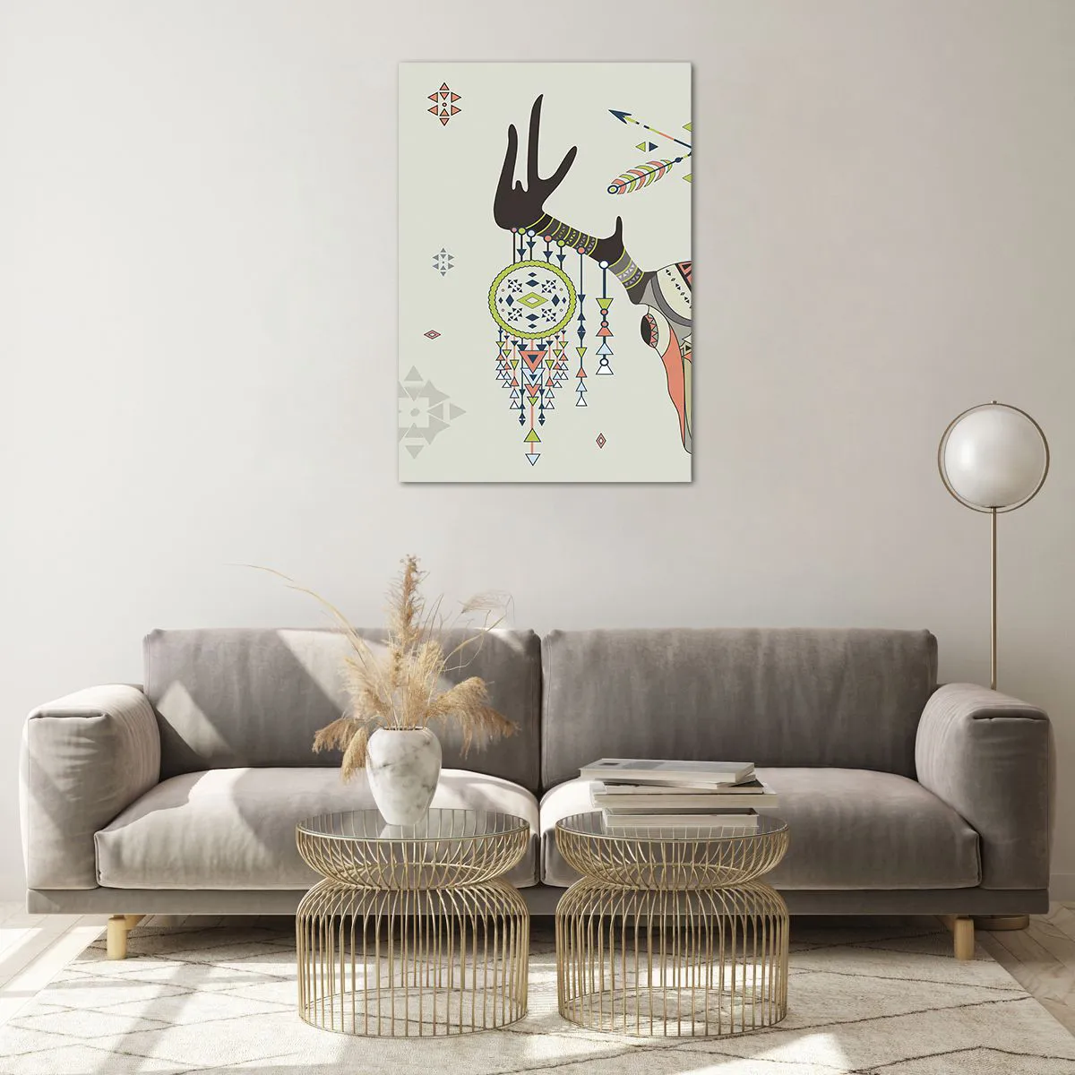 Impression sur verre - Image sur verre - Décoration bohème avec crâne de cerf et attrape-rêves - 70x100cm - Trophée du chasseur indien - Décoration murale moderne pour le salon et la chambre ARTTOR