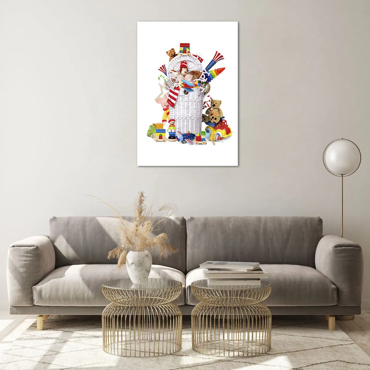 Impression sur verre - Image sur verre - Un panier coloré rempli de jouets pour enfants - 70x100cm - Trésors des tout-petits - Décoration murale moderne pour le salon et la chambre ARTTOR