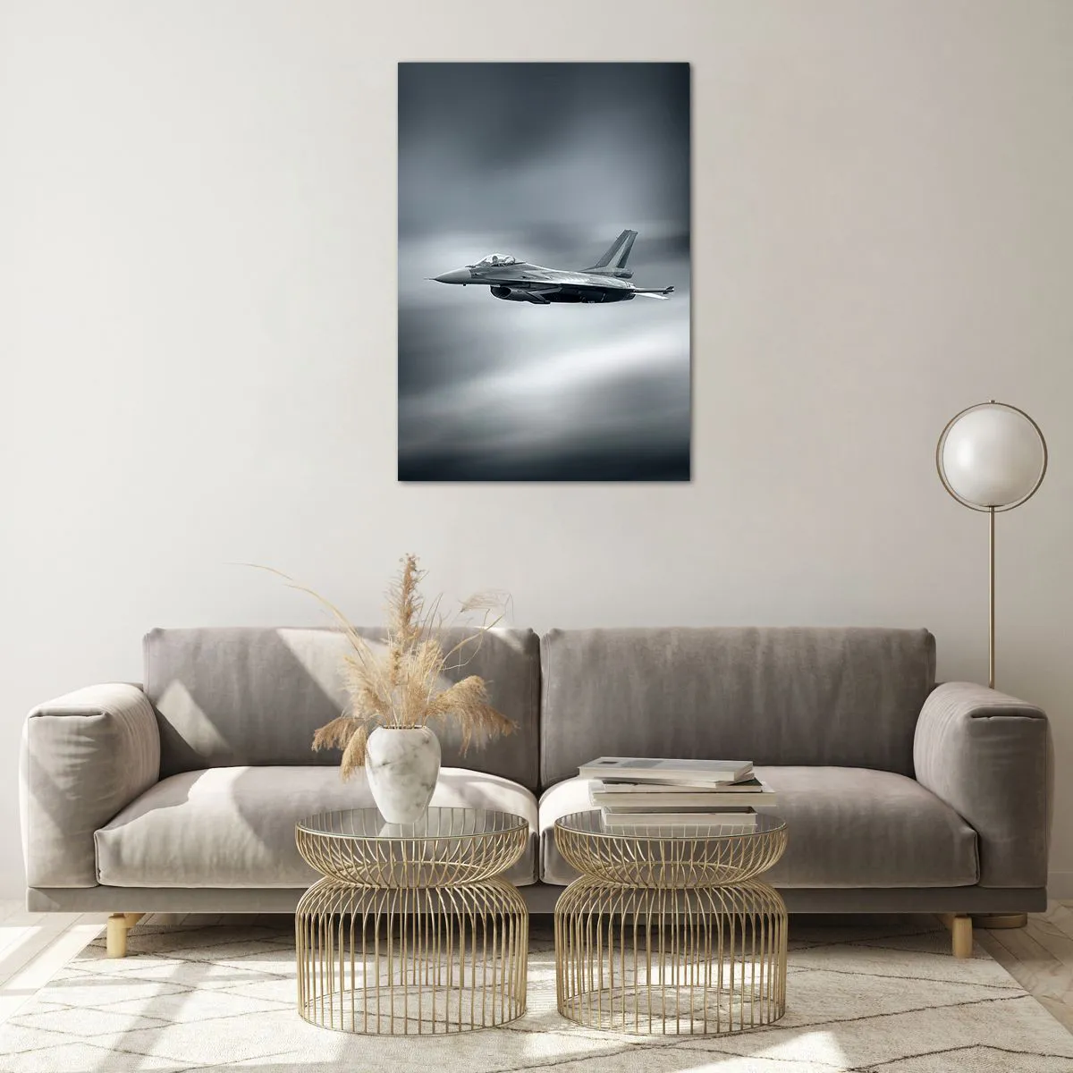 Glasbild - Bild auf glas - Ein Kampfjet im Flug vor einem bewölkten Himmel - 70x100cm - Wirst du herausfordern? - Moderne Wanddekoration für Wohnzimmer und Schlafzimmer ARTTOR