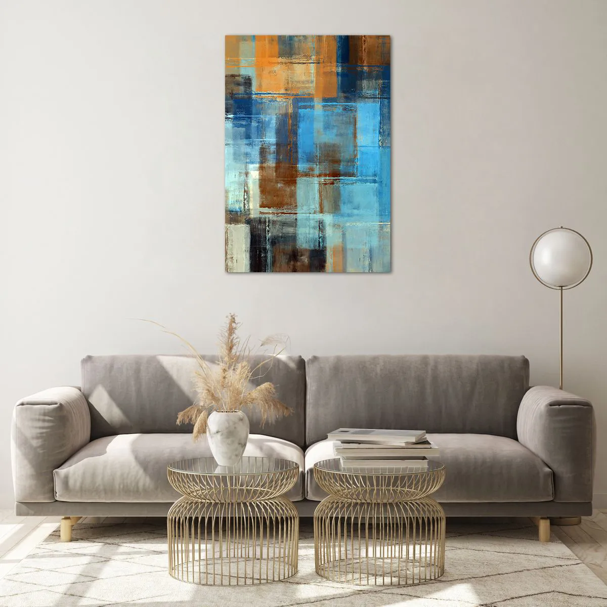 Impression sur verre - Image sur verre - Composition géométrique abstraite dans les tons de bleu et de marron - 70x100cm - A travers le voile bleu - Décoration murale moderne pour le salon et la chambre ARTTOR