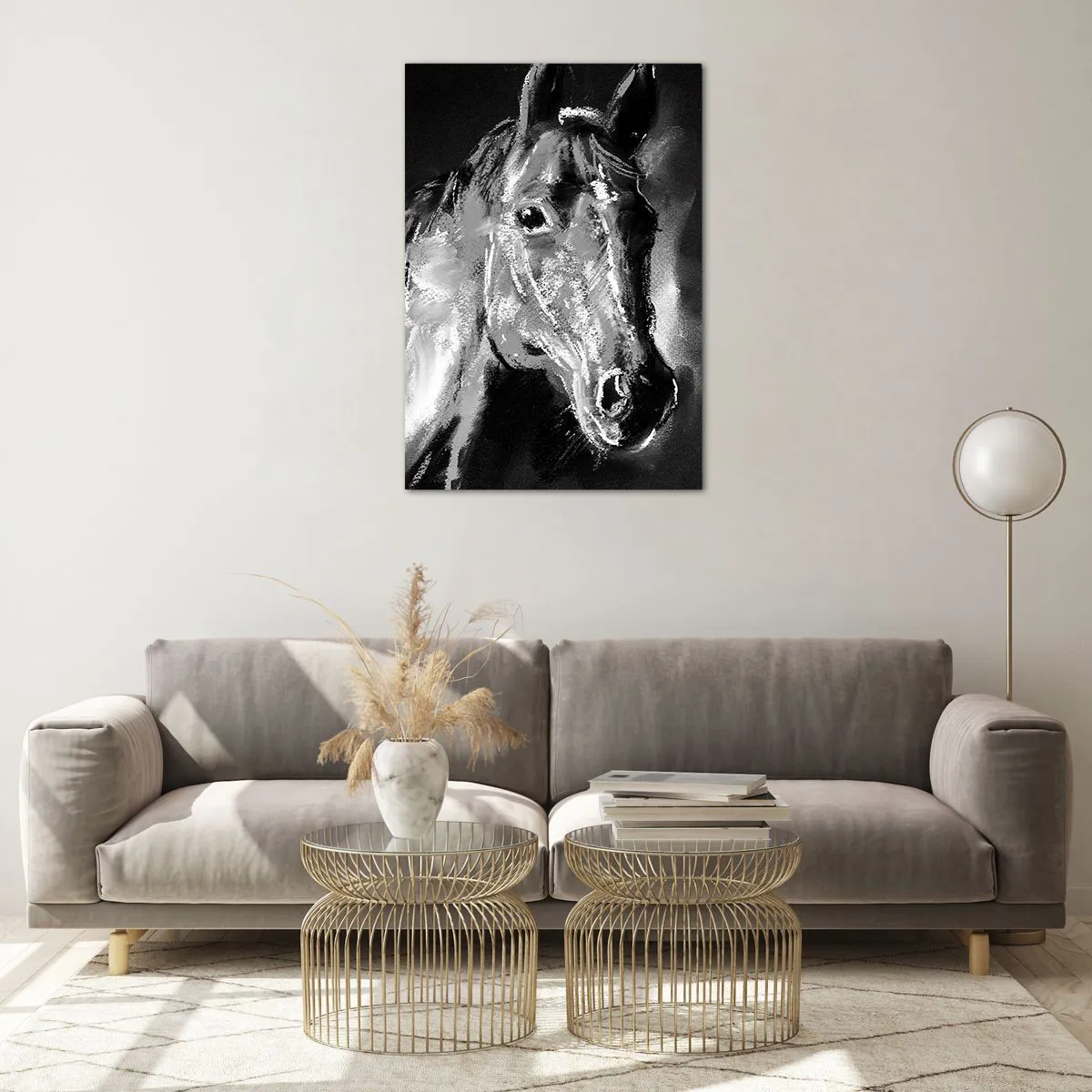 Impression sur verre - Image sur verre - Portrait d'un cheval dans un style dynamique en noir et blanc - 70x100cm - L'éclat d'une âme noble - Décoration murale moderne pour le salon et la chambre ARTTOR
