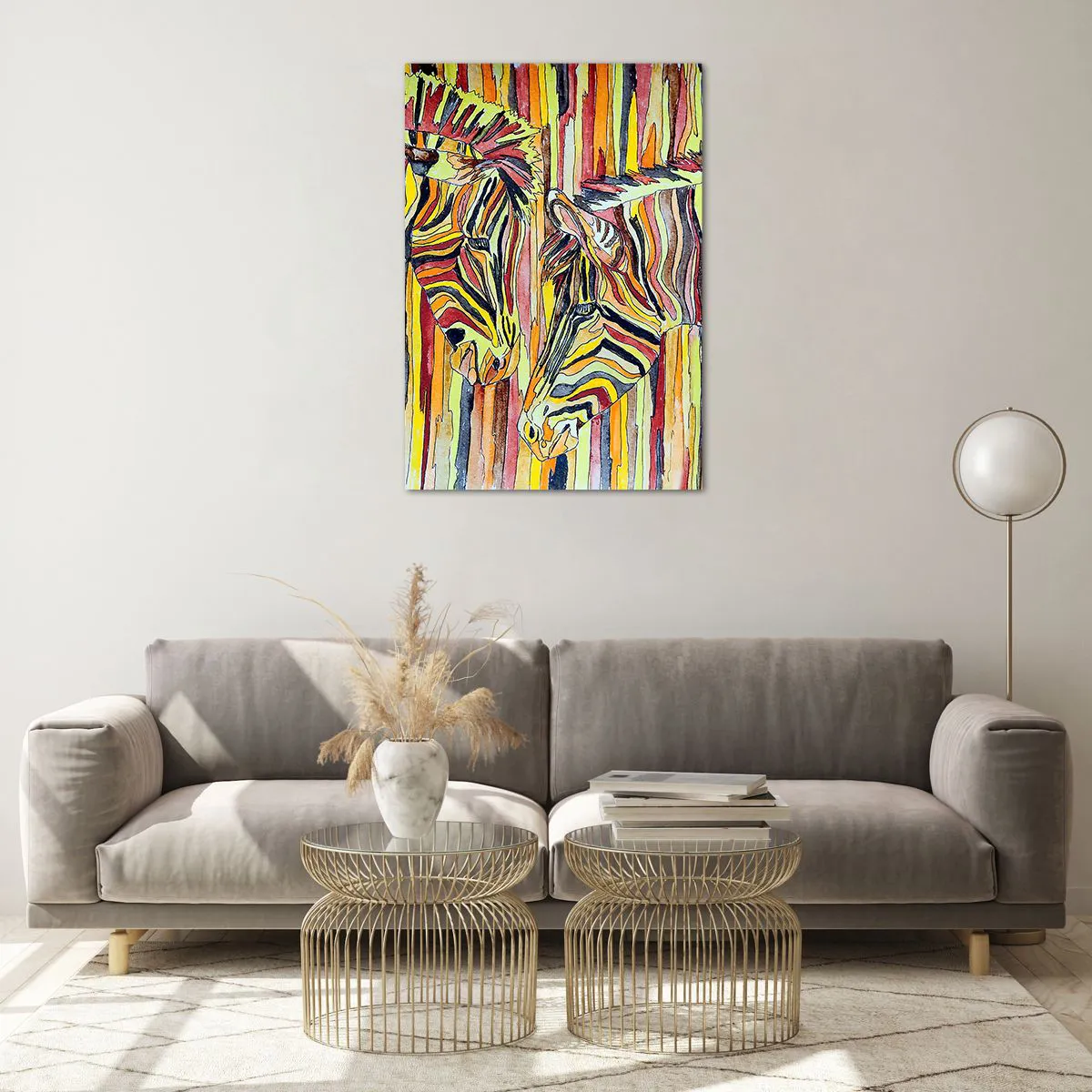 Cuadro sobre vidrio - Impresiones sobre Vidrio - Cebras coloridas sobre un fondo de rayas abstractas - 70x100cm - Y tú también... - Decoración de pared moderna para salón y dormitorio ARTTOR