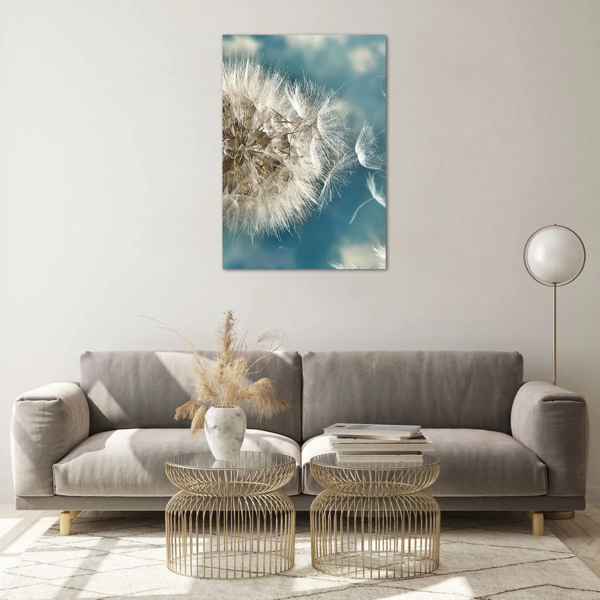 Cuadro sobre vidrio - Impresiones sobre Vidrio - Un diente de león desperdigado contra un cielo azul. - 70x100cm - El aliento de un ángel - Decoración de pared moderna para salón y dormitorio ARTTOR
