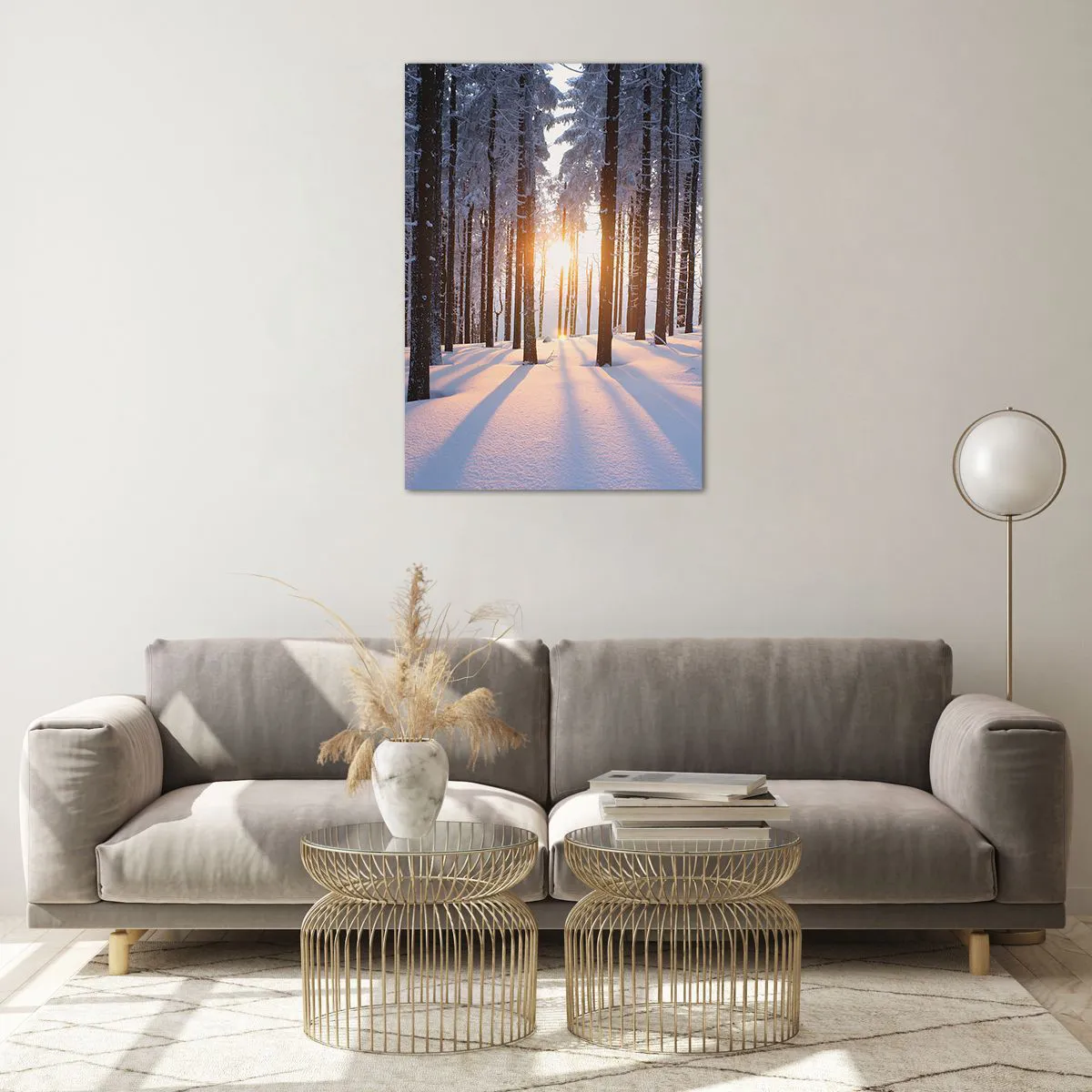 Cuadro sobre vidrio - Impresiones sobre Vidrio - Bosque invernal iluminado por los rayos del sol. - 70x100cm - Claramente en blanco y negro - Decoración de pared moderna para salón y dormitorio ARTTOR